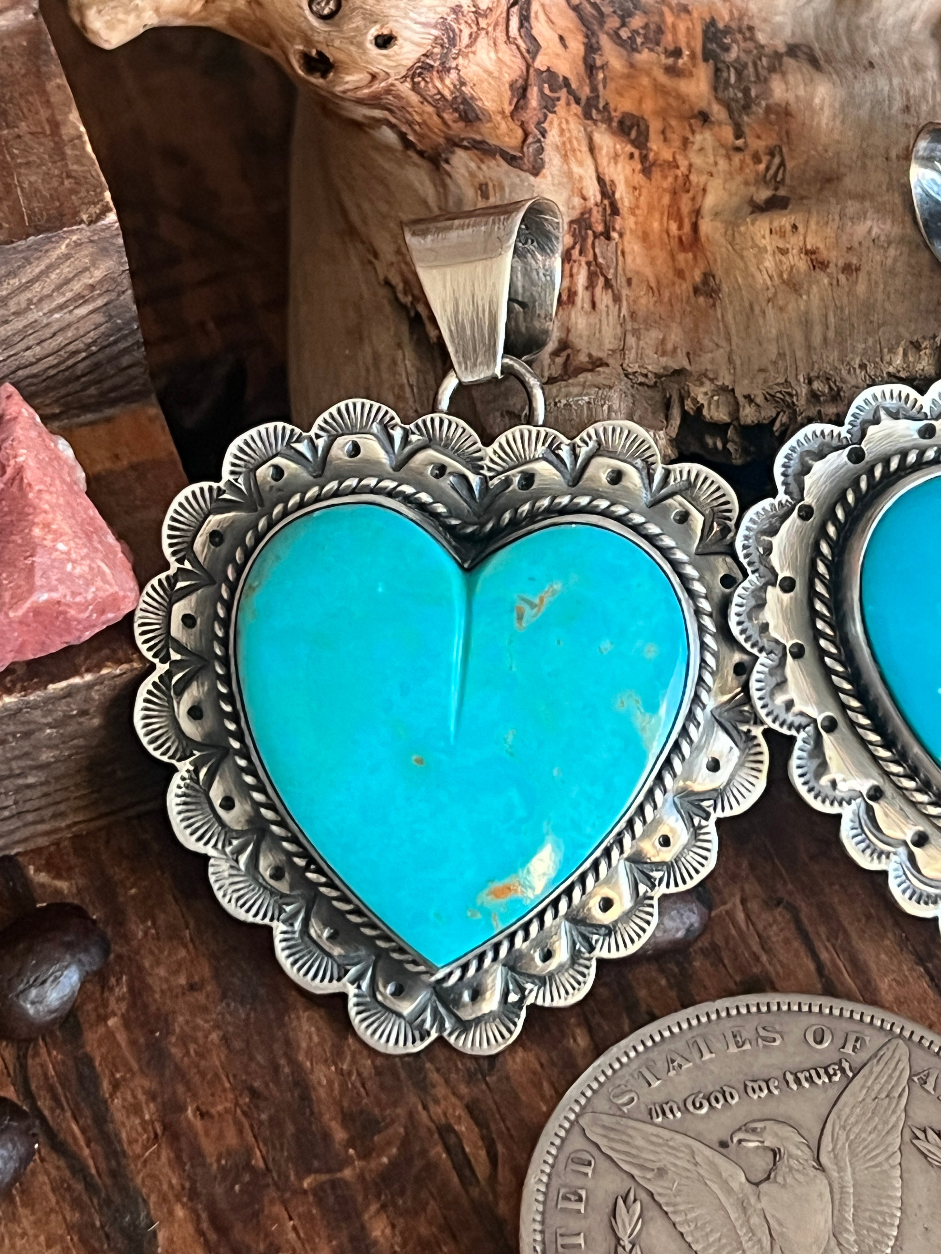 Hand Stamped Sterling Silver & Kingman Turquoise Heart Pendant by June Delgarito