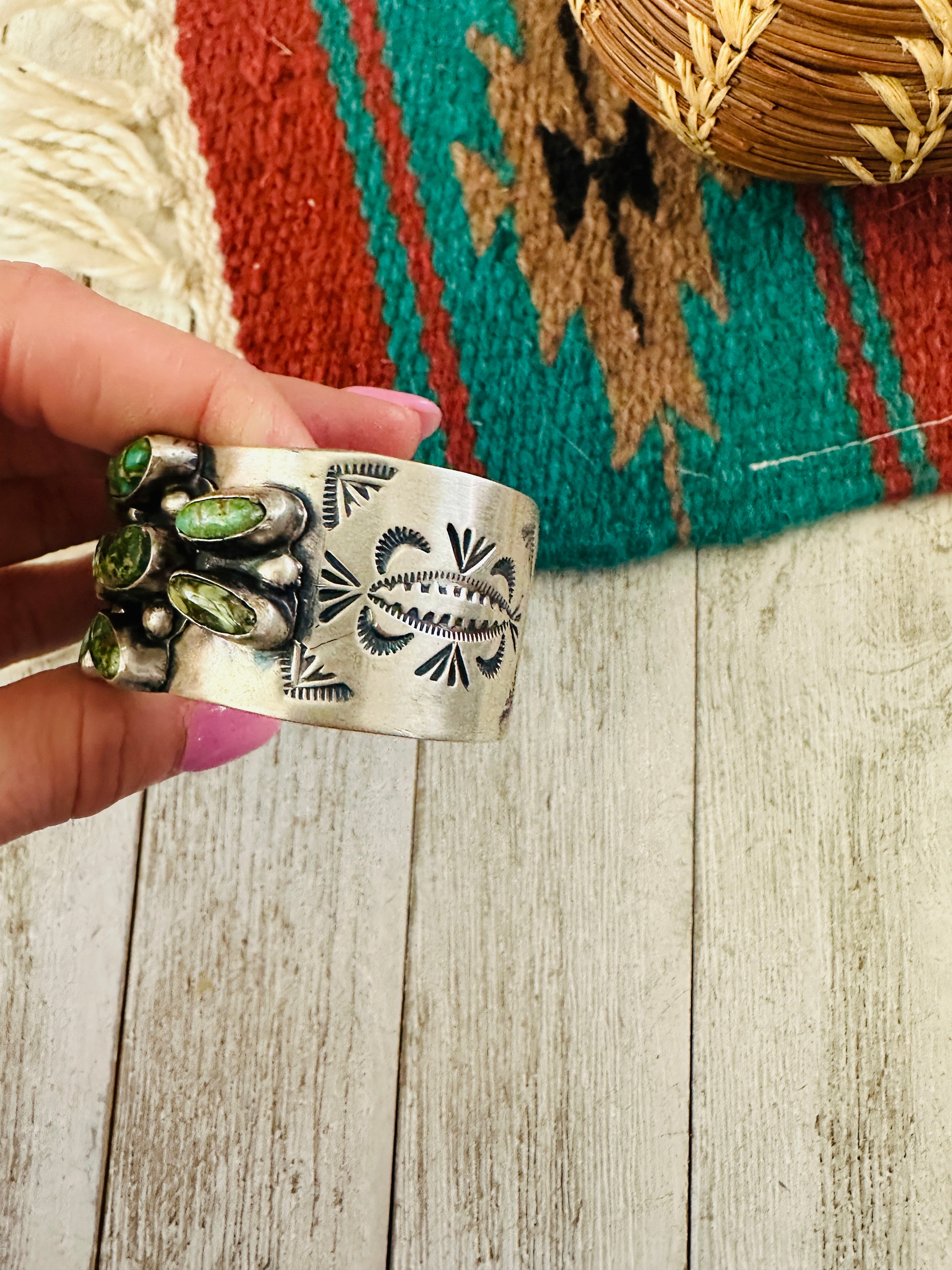 Navajo Sterling Silver & Sonoran Gold Turquoise Cuff Bracelet By B Johnson /