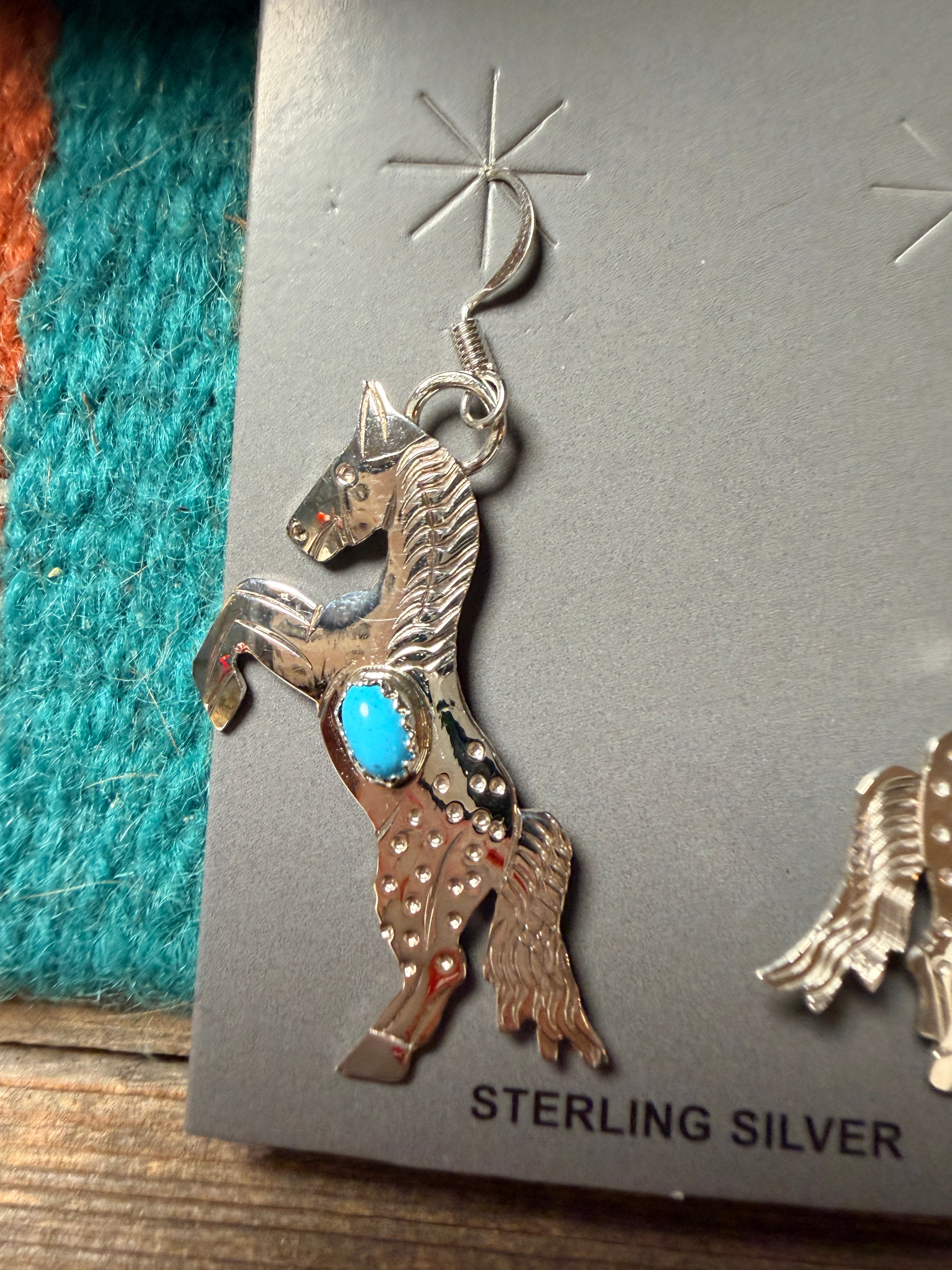 Handcrafted Turquoise & Sterling Silver Horse Dangle Earrings Signed