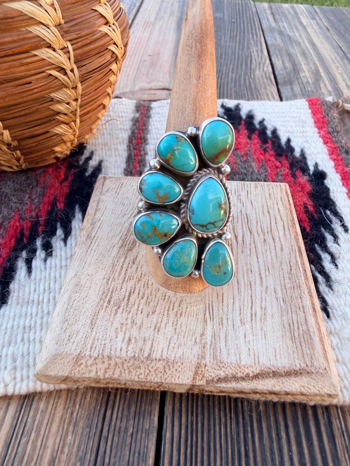 Handcrafted Turquoise & Sterling Silver Cluster Adjustable Ring by Geraldine James