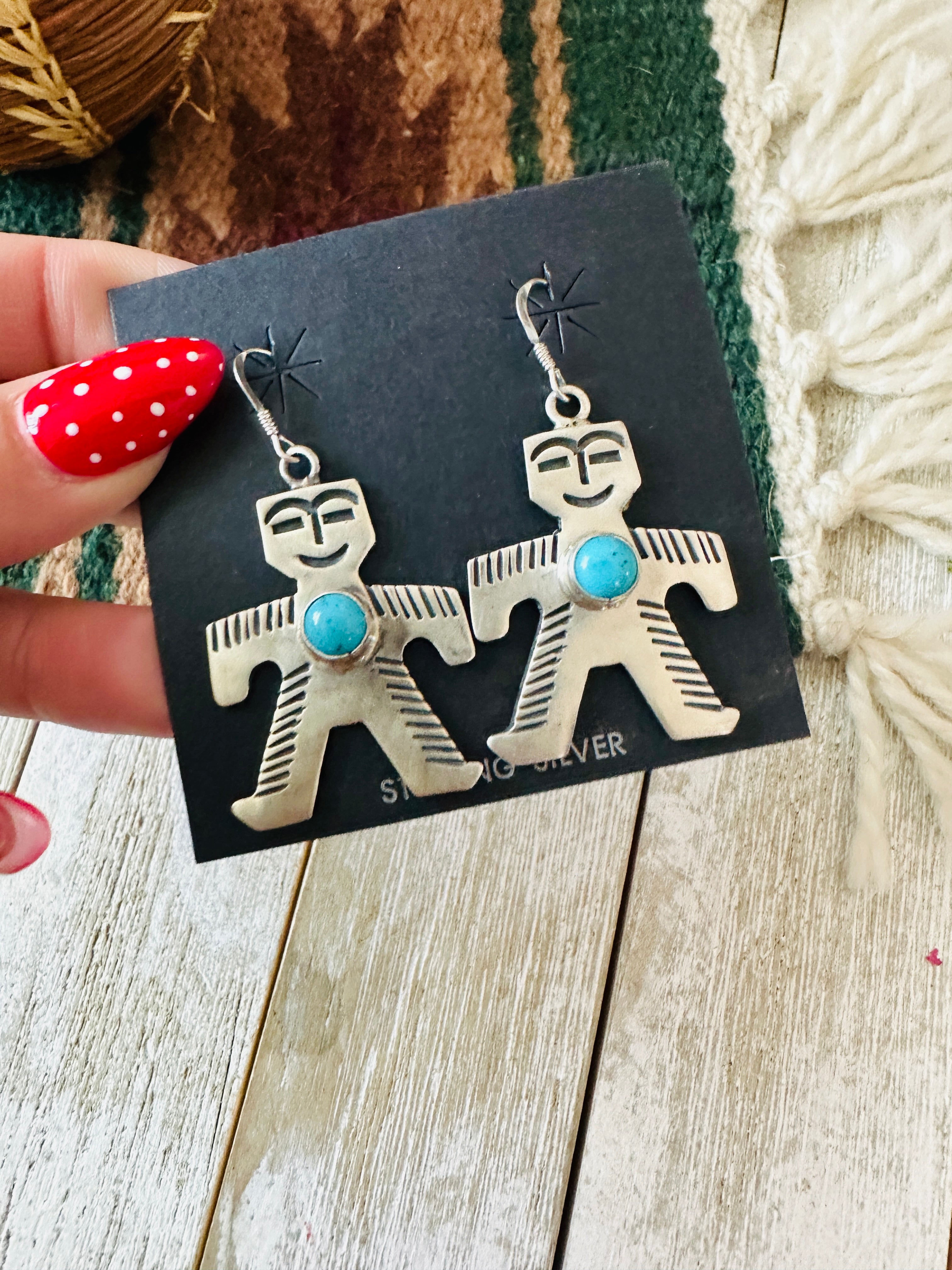 Handcrafted Turquoise and Sterling Silver Dancing Figure Dangle Earrings