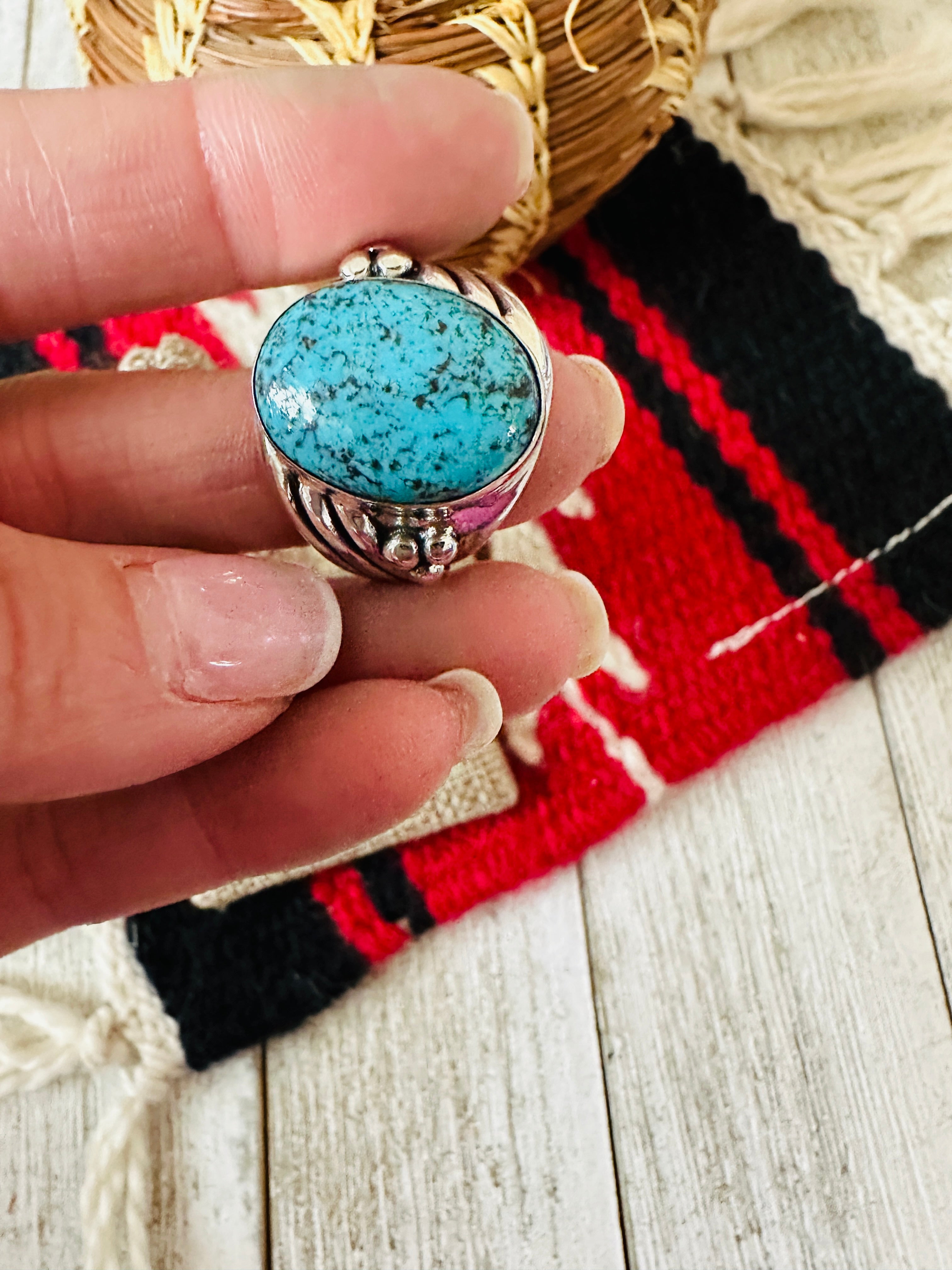 Handcrafted Turquoise & Sterling Silver Cigar Band Ring Size 9.5