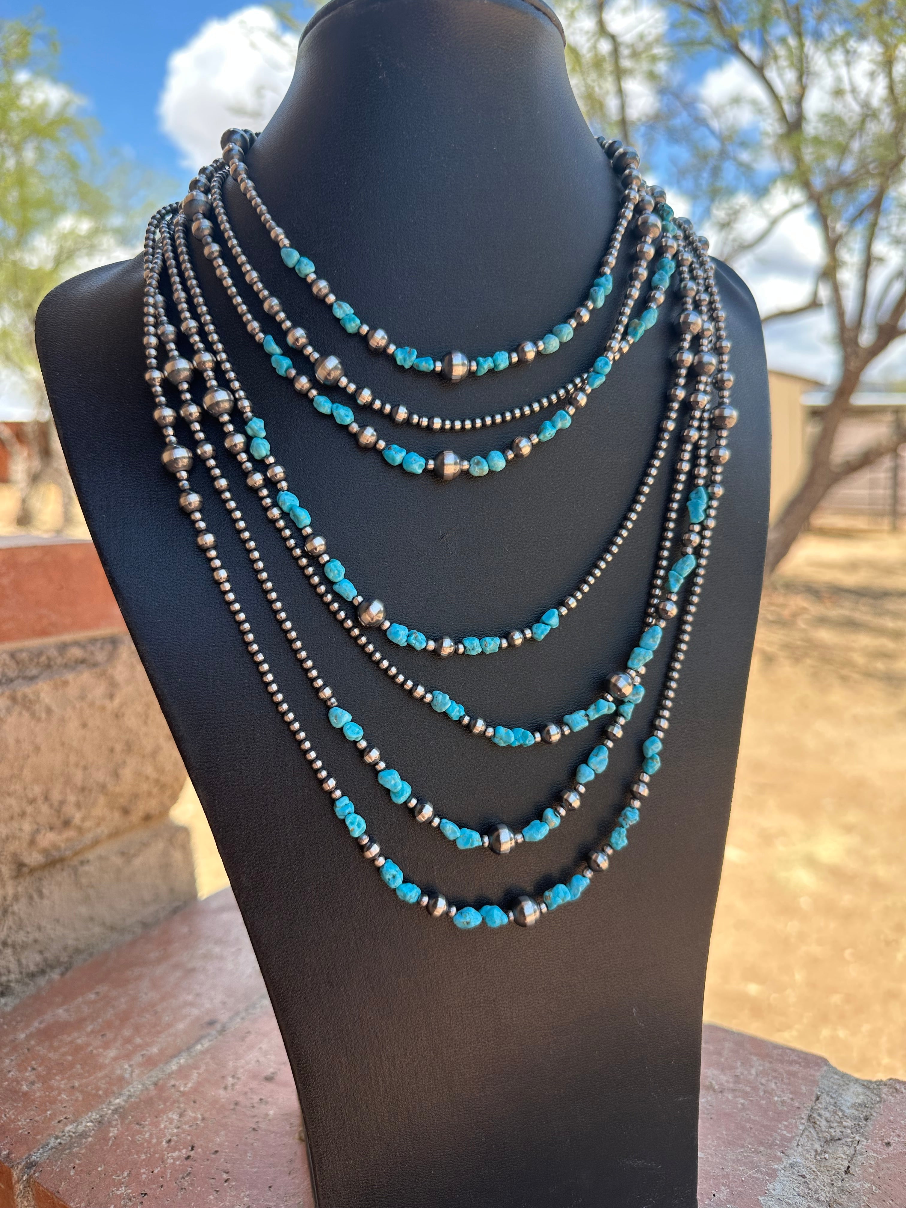 Handcrafted Kingman Dance Turquoise & Sterling Silver 3mm-8mm Beaded Necklace