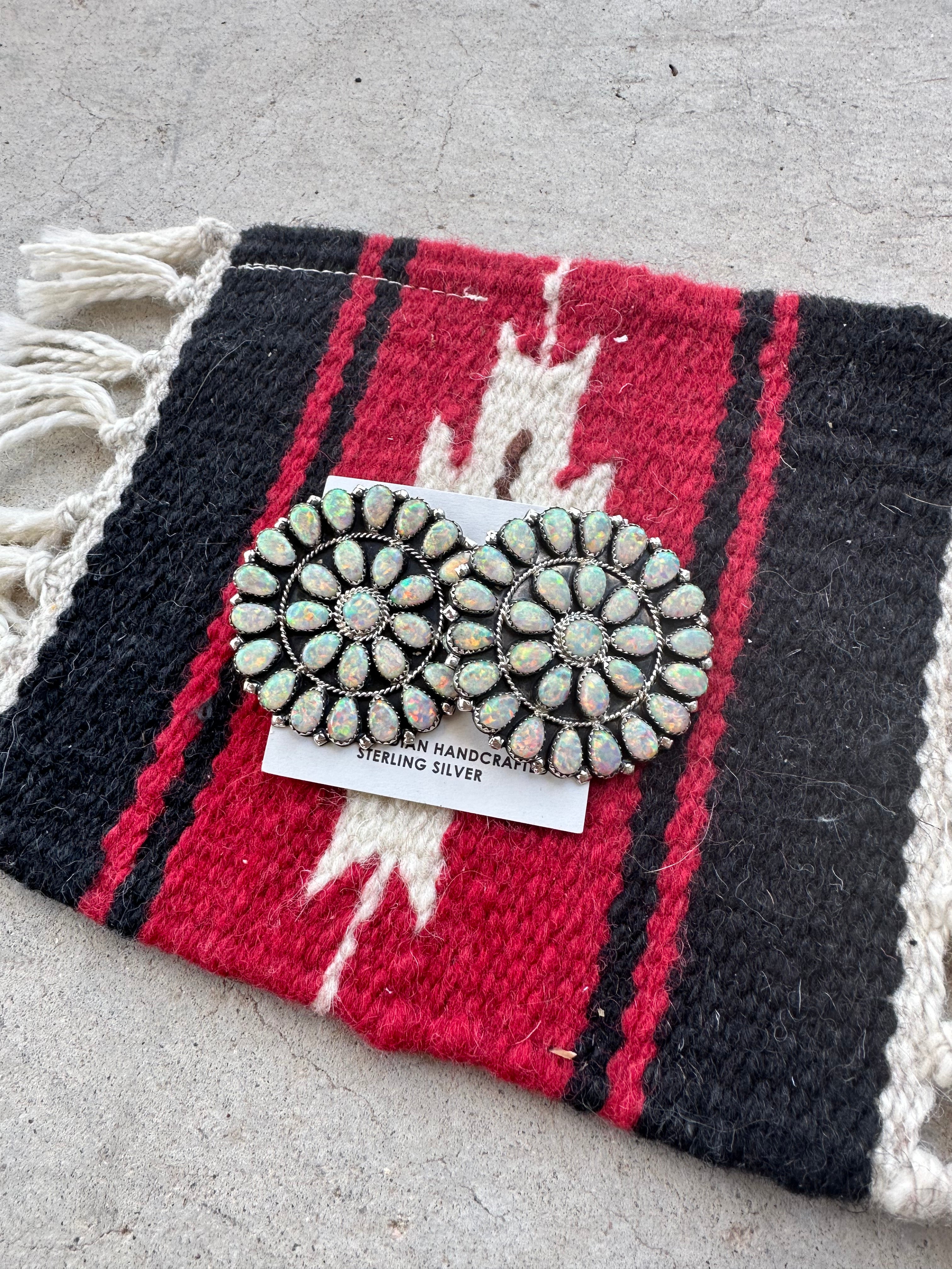 Handcrafted Fire Opal & Sterling Silver Cluster Circle Earrings Signed