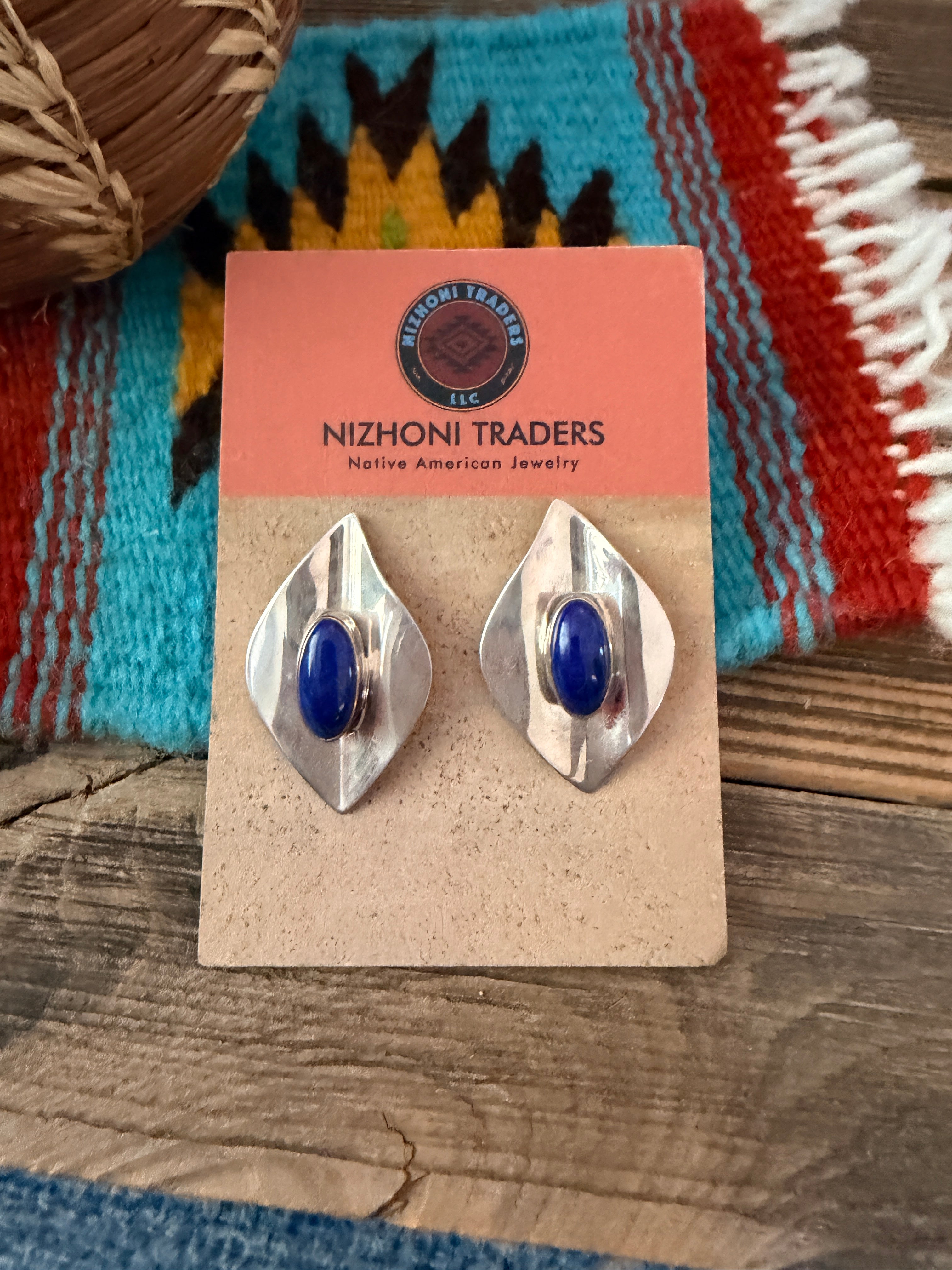 Old Pawn Handcrafted Sterling Silver & Lapis Post Earrings