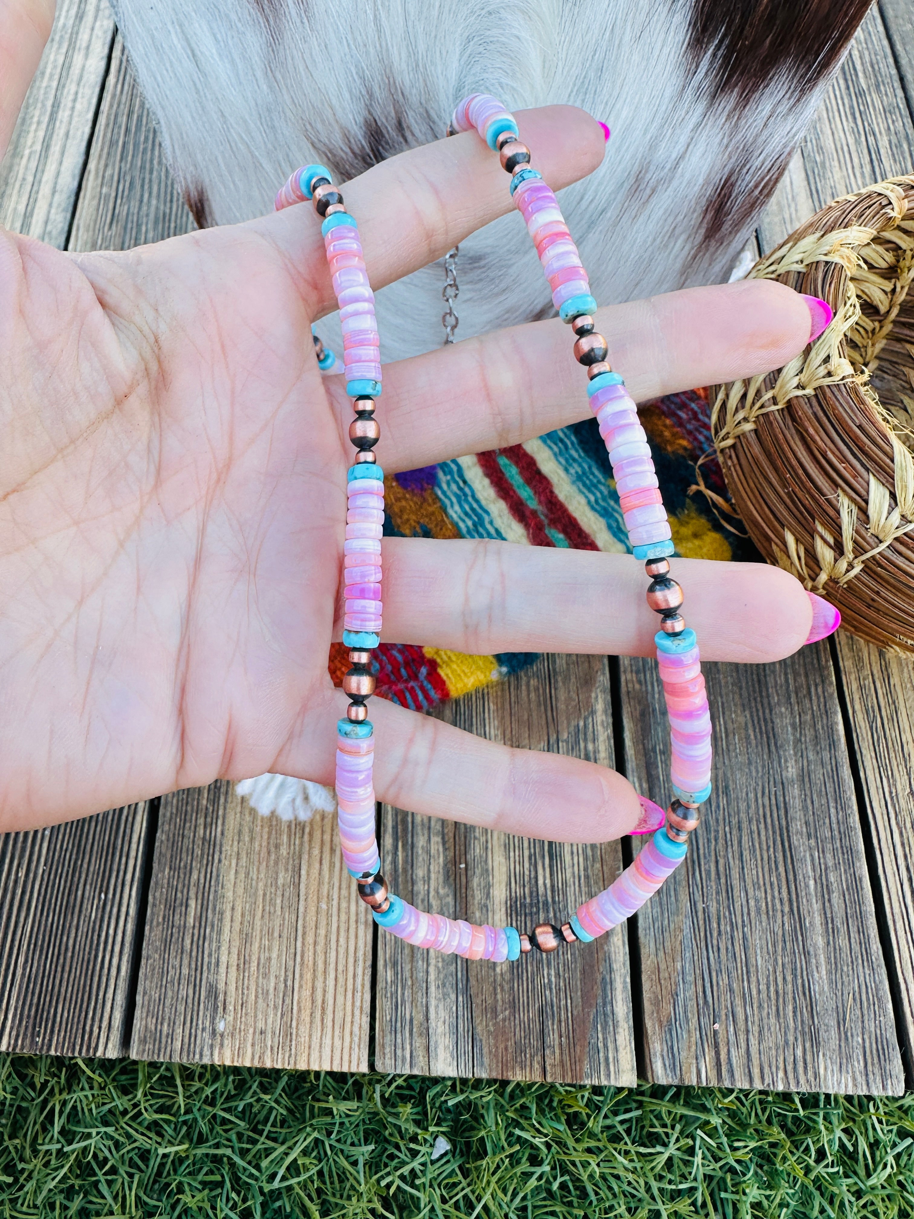 Handcrafted Queen Pink Conch, Turquoise & Copper 18” Beaded Necklace