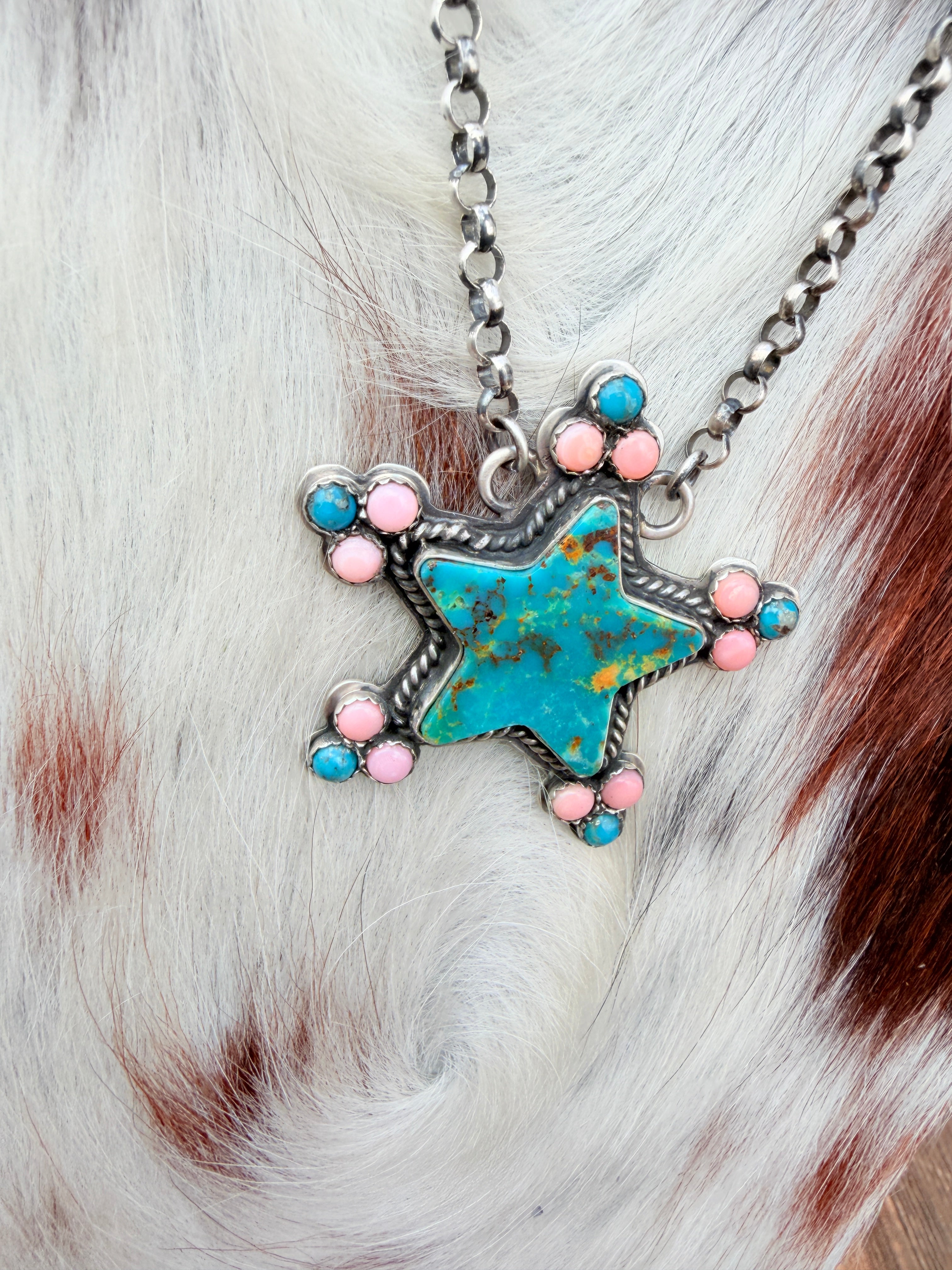 Handcrafted Turquoise, Queen Pink Conch & Sterling Silver Star Necklace