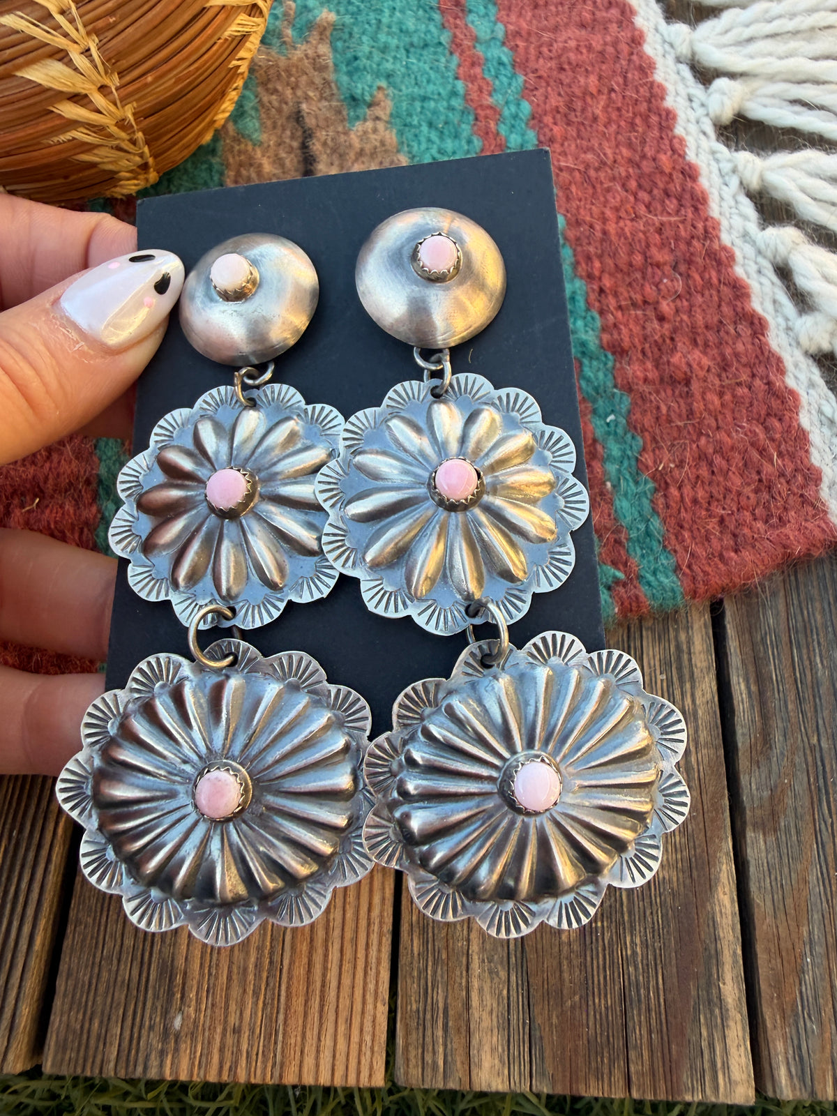 Handcrafted Queen Pink Conch & Sterling Silver Concho Dangle Earrings