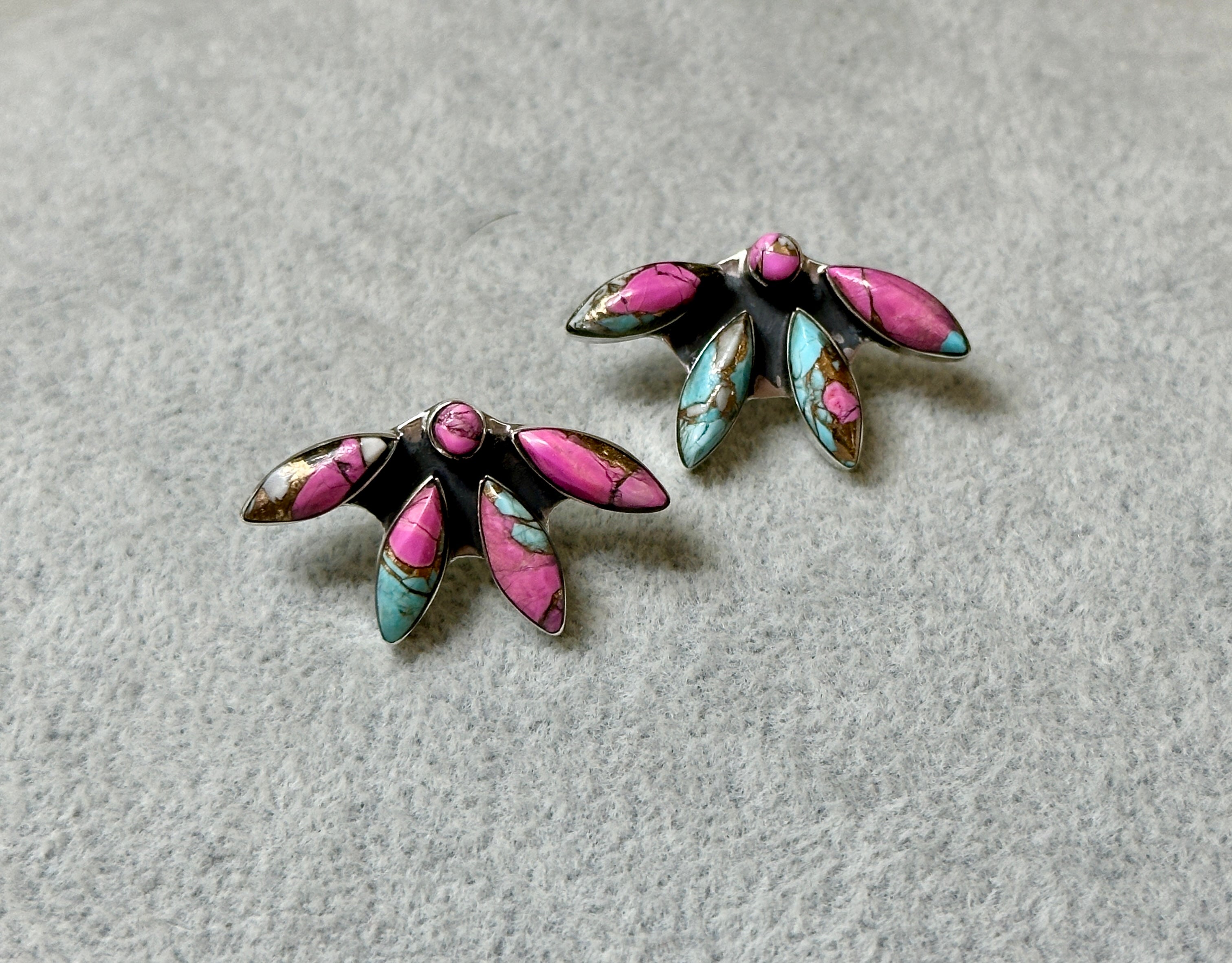 Cotton Candy and Sterling Silver Inlay Flower Earrings