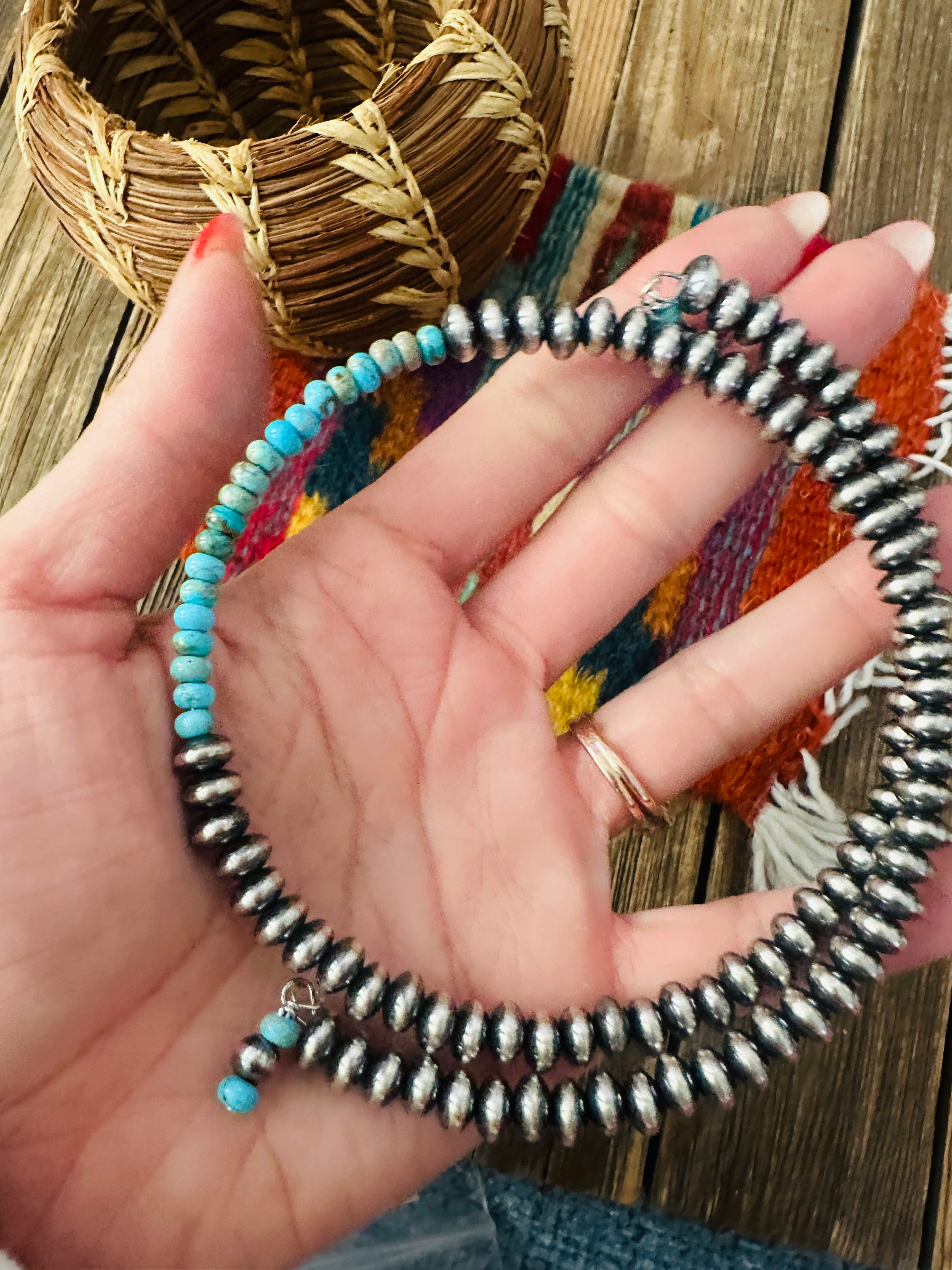 Handcrafted Turquoise & Sterling Silver Beaded Wrap Choker Necklace