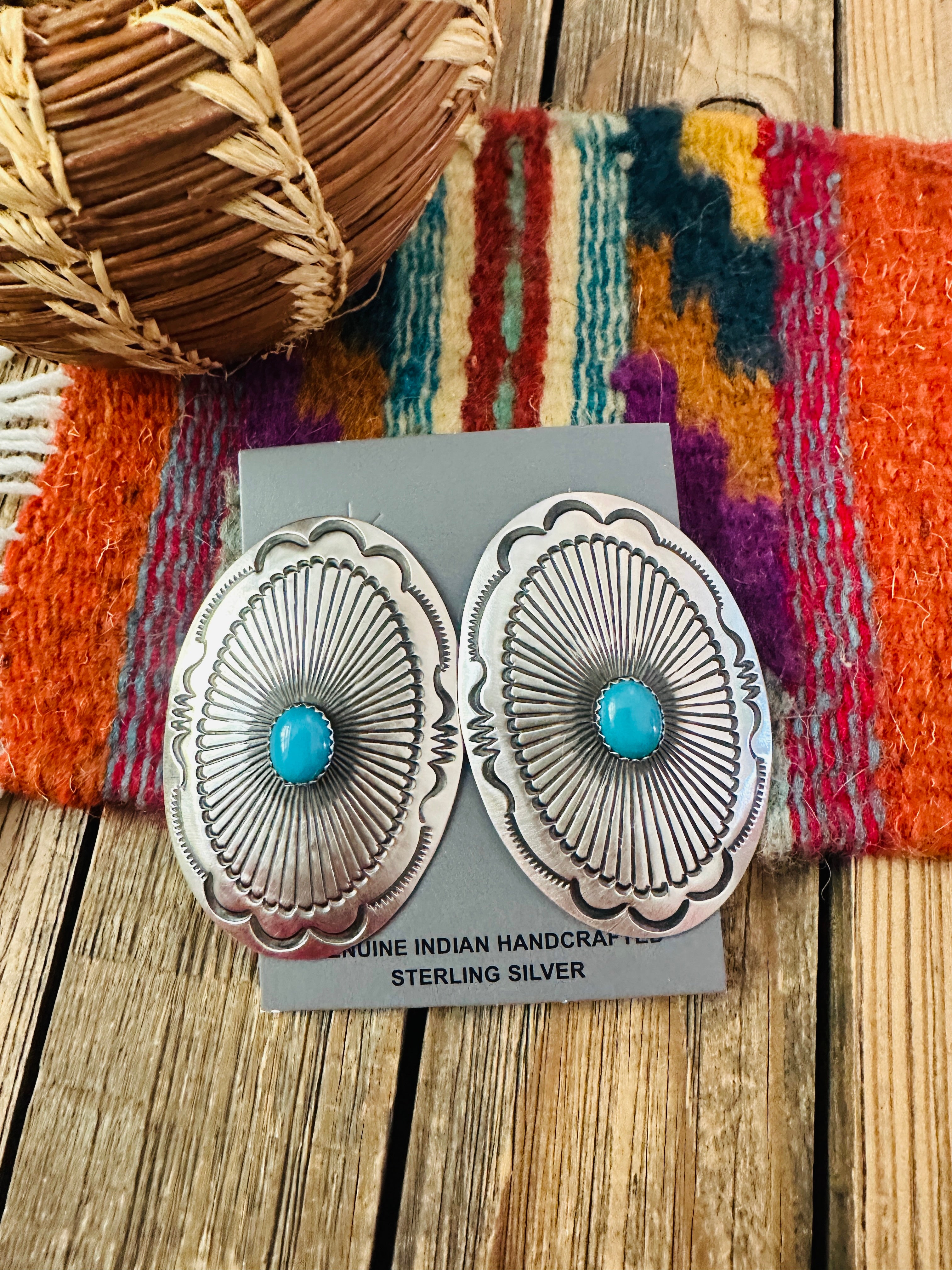 Handcrafted Turquoise & Sterling Silver Concho Post Earrings by Leander Tahe