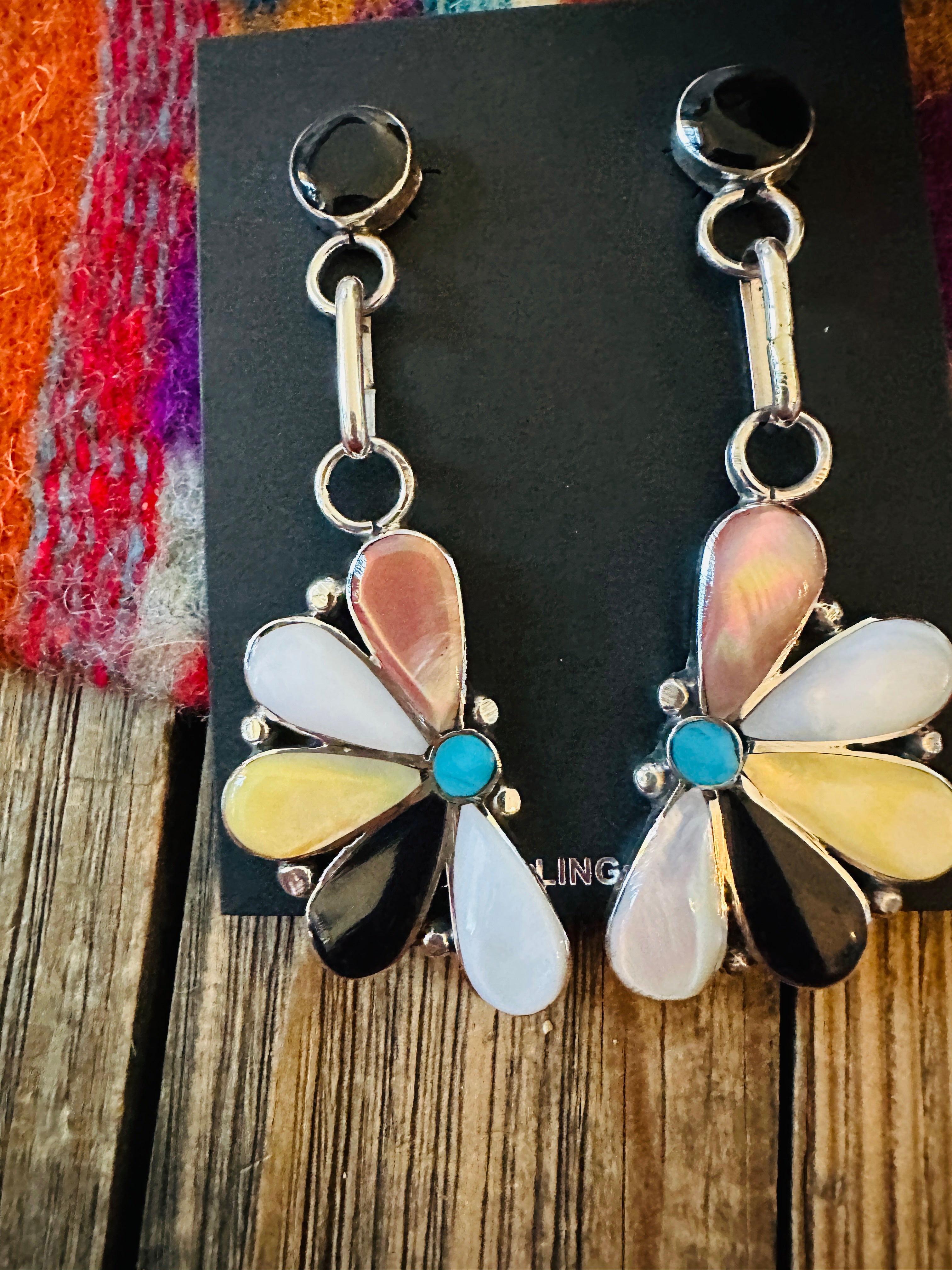 Handcrafted Sterling Silver, Mother of Pearl, Turquoise & Jet Inlay Flower Dangle Earrings