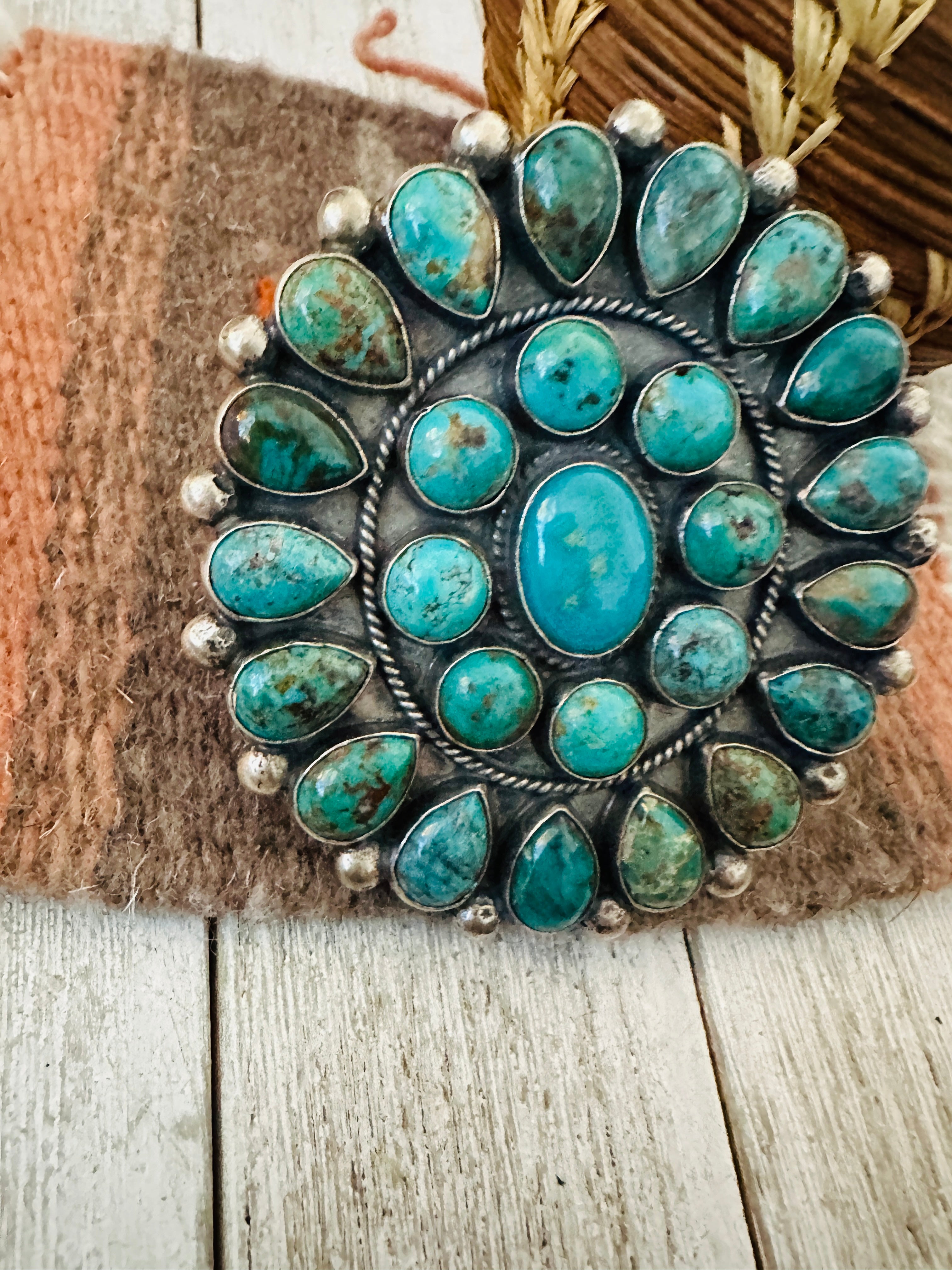 Handcrafted Turquoise & Sterling Silver Cluster Adjustable Ring