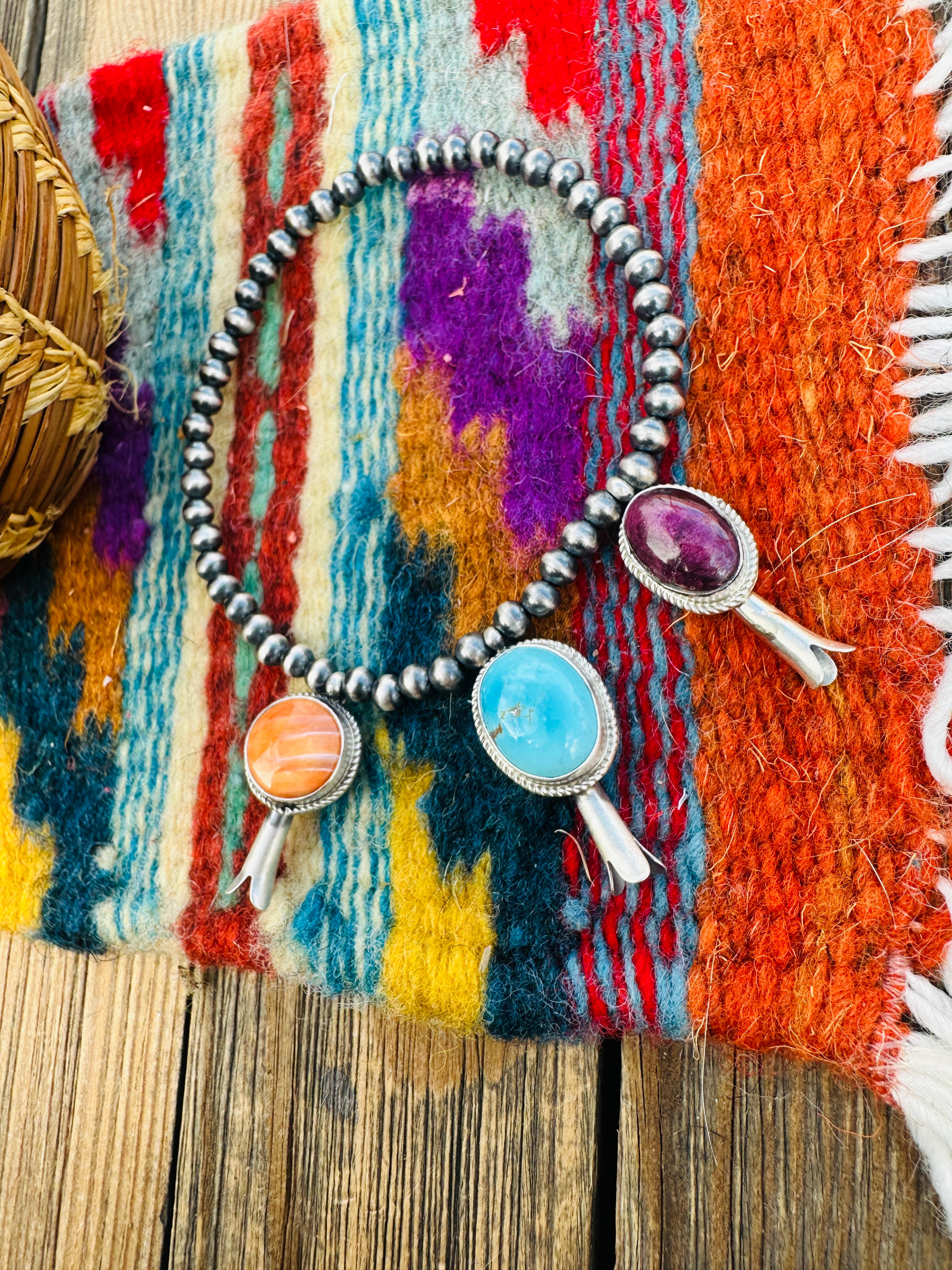 Handcrafted 3mm Sterling Silver Pearl, Turquoise & Spiny Oyster Blossom Stretch Bracelet