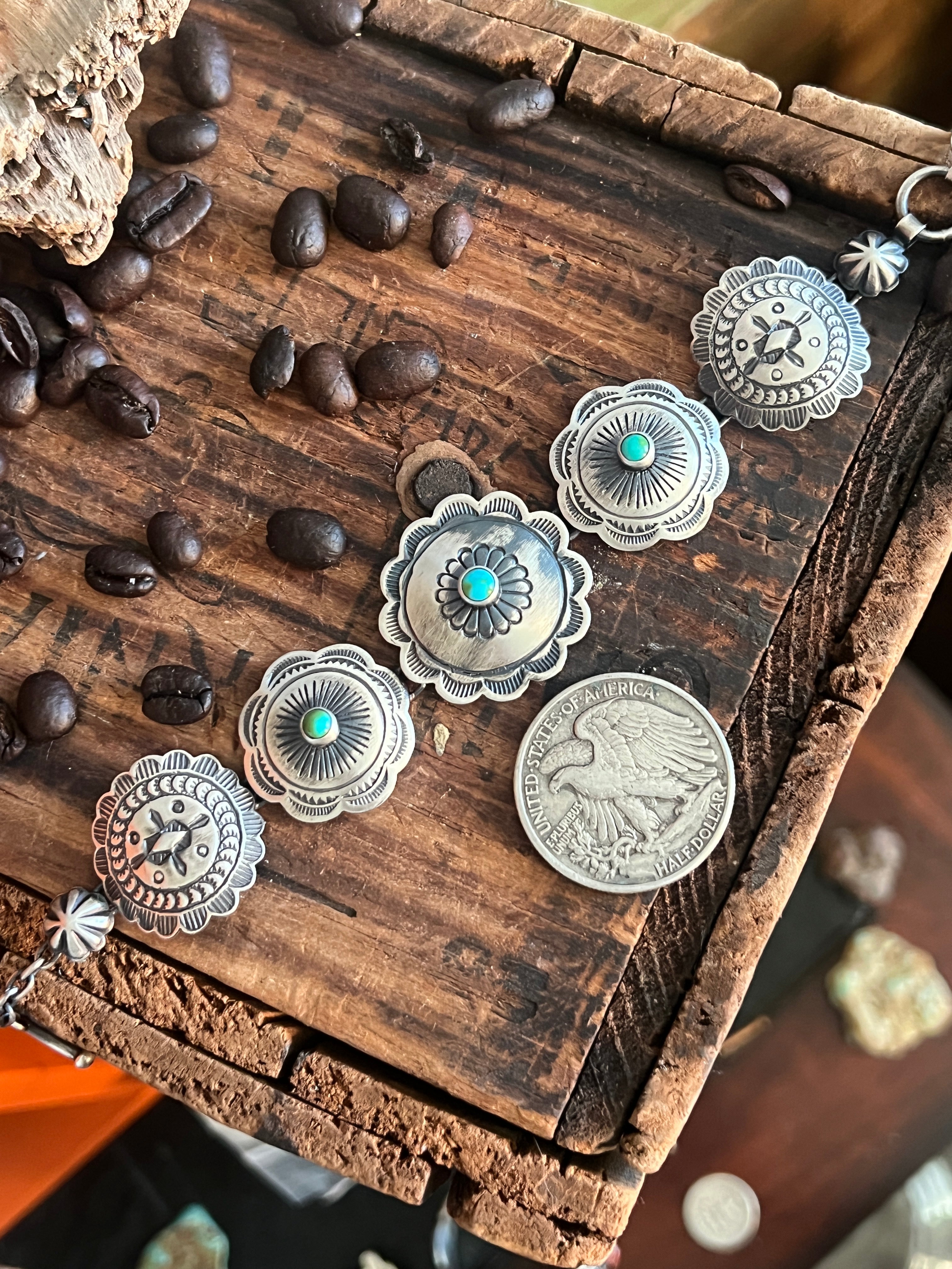 Raymond Coriz Sterling Concho Link Bracelets with Sonoran Mountain Turquoise