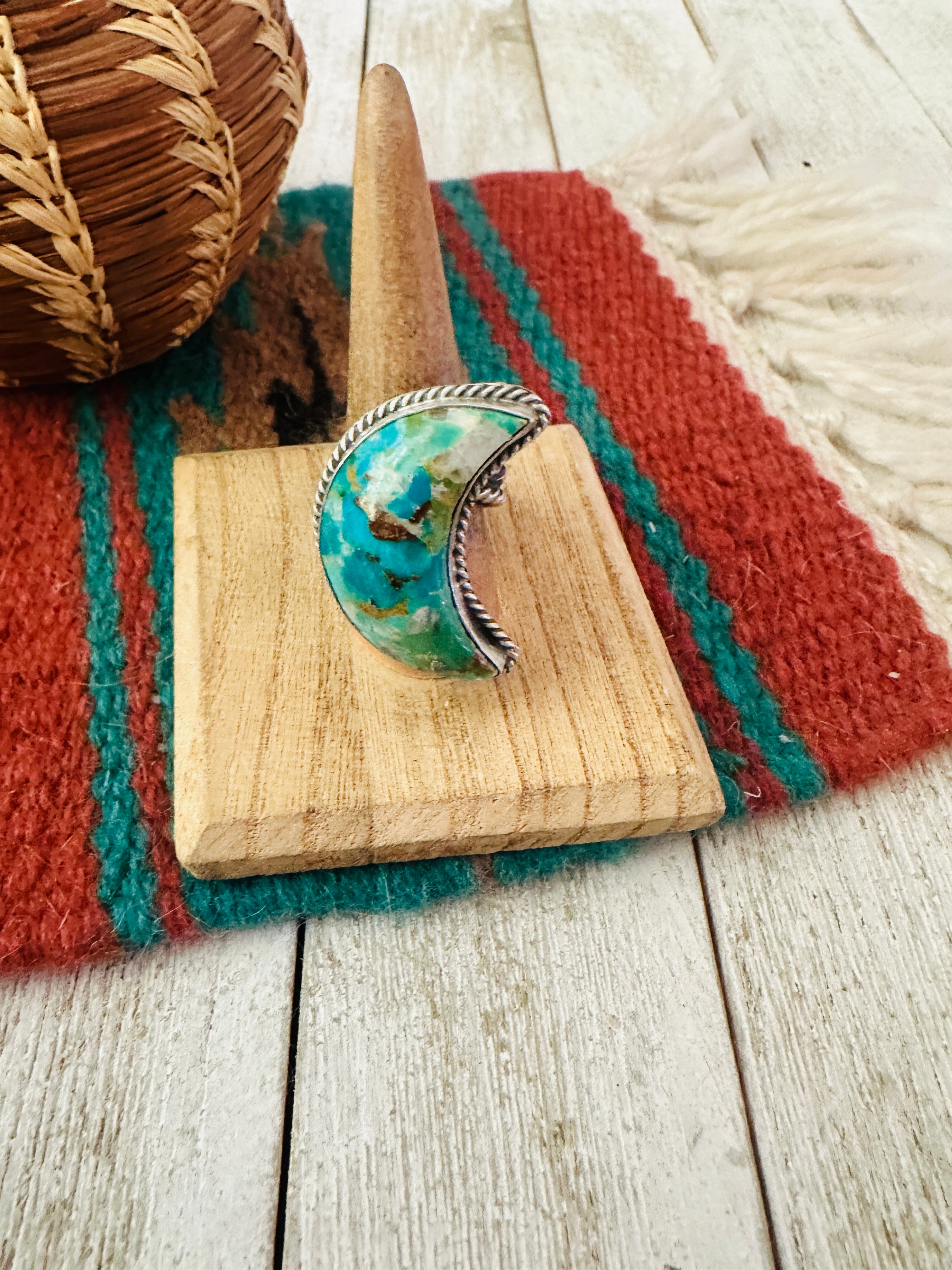Handcrafted Turquoise & Sterling Silver Adjustable Moon Ring