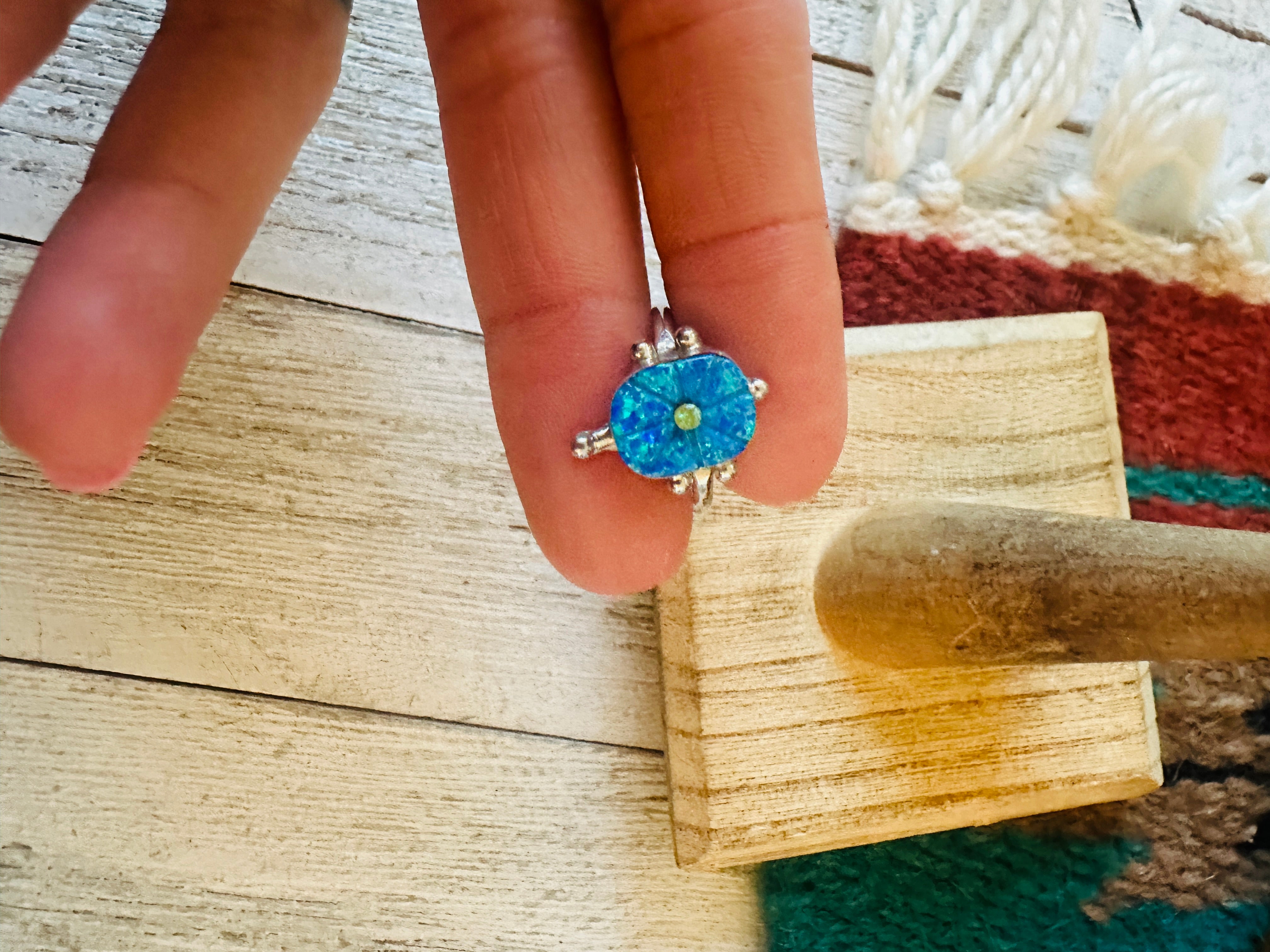 Handcrafted Sterling Silver & Blue and Yellow Opal Turtle Ring Size 6