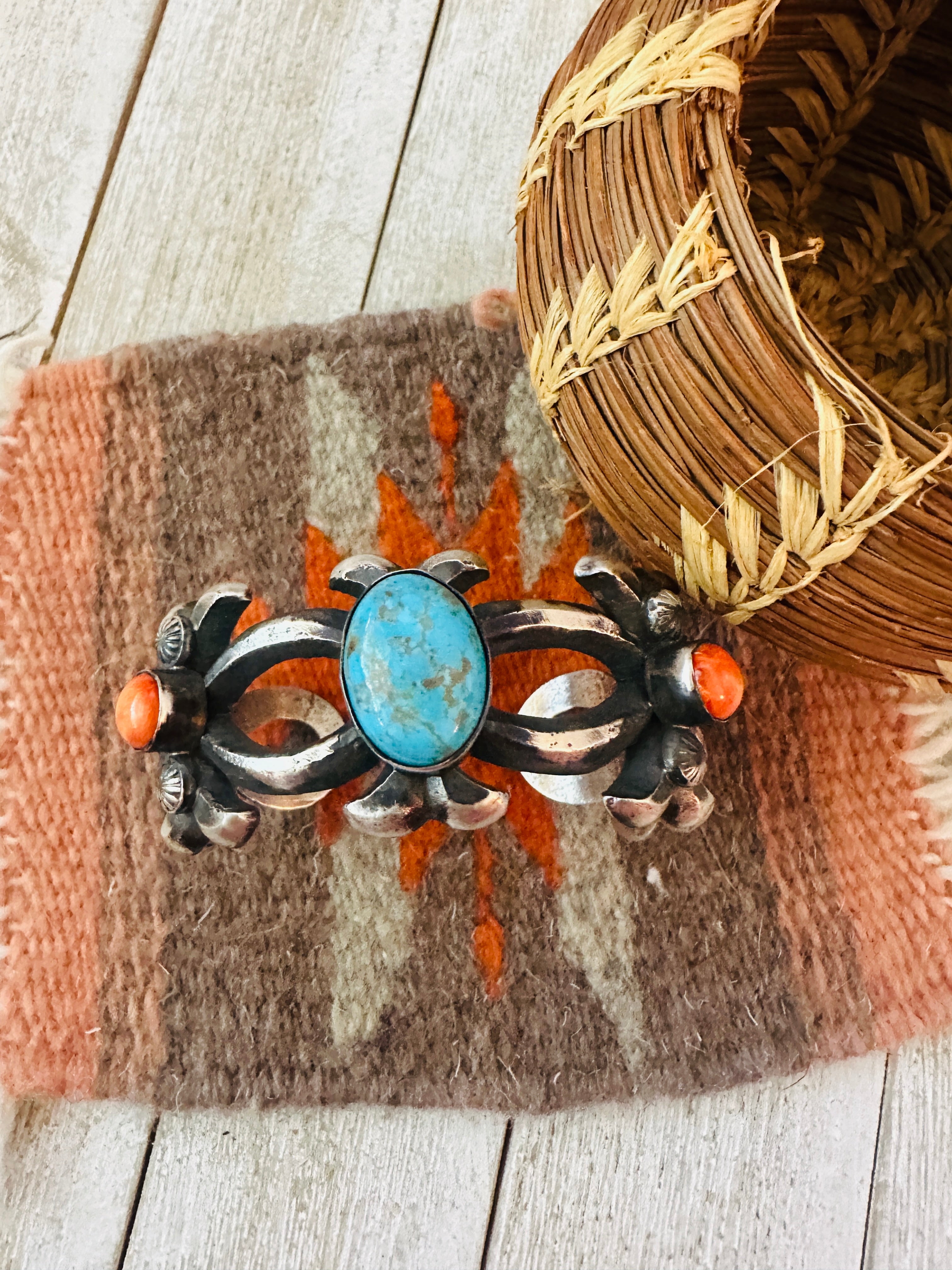 Handcrafted Turquoise, Spiny & Sterling Silver Cuff Bracelet by Chimney Butte