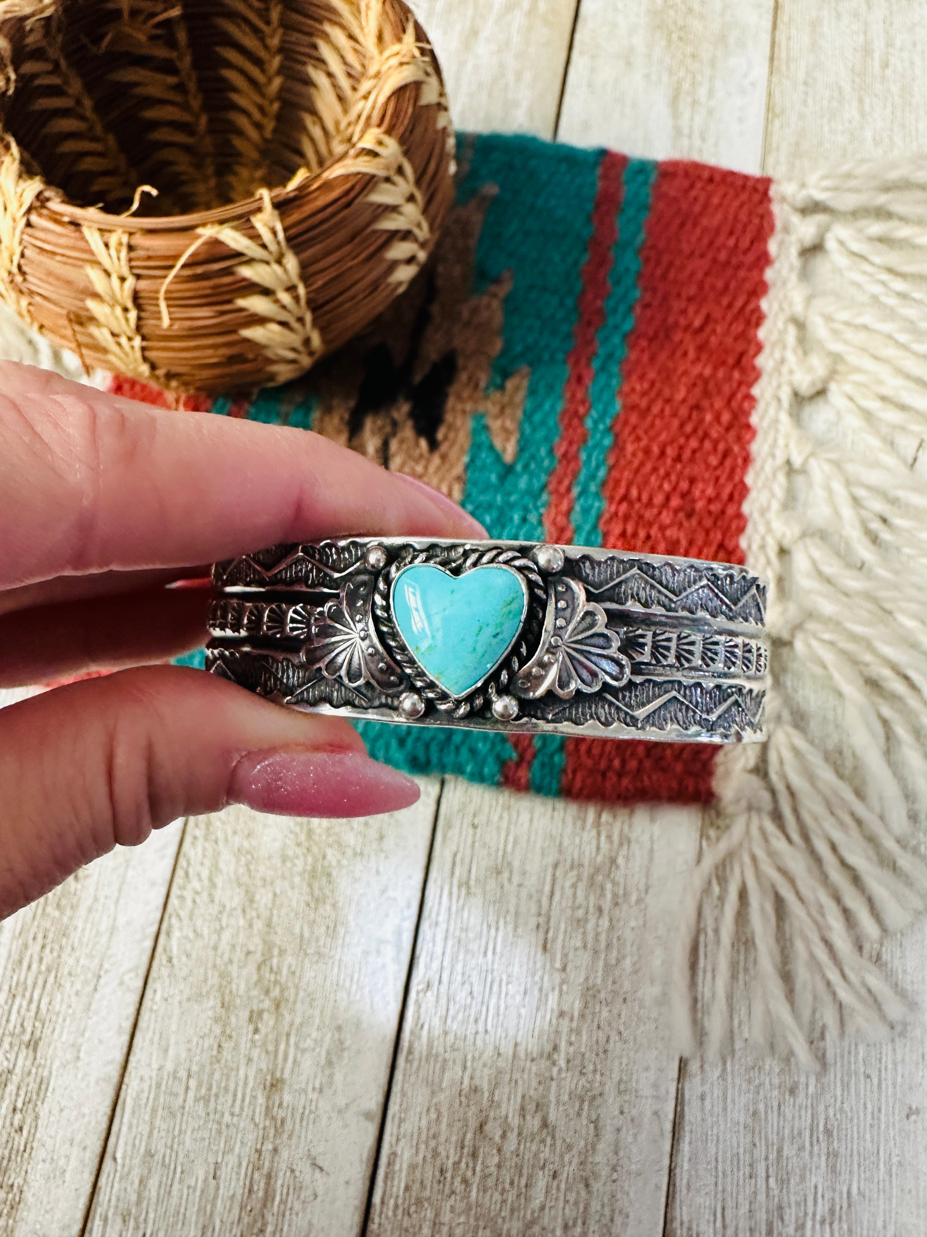 Handcrafted Turquoise & Sterling Silver Heart Cuff Bracelet by Sunshine Reeves
