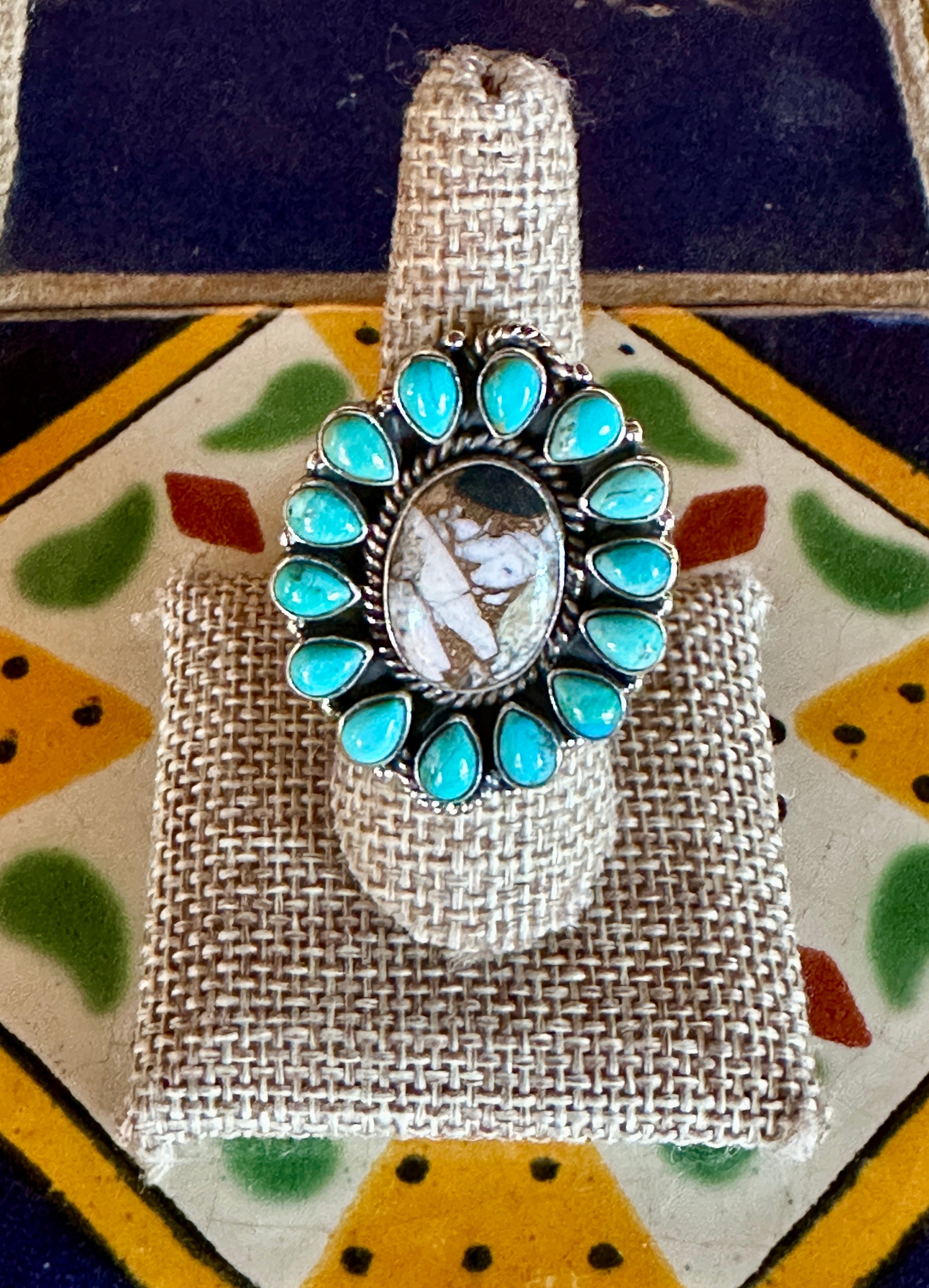 Handmade White Buffalo Mojave, Turquoise & Sterling Silver Adjustable Oval Ring Signed Nizhoni