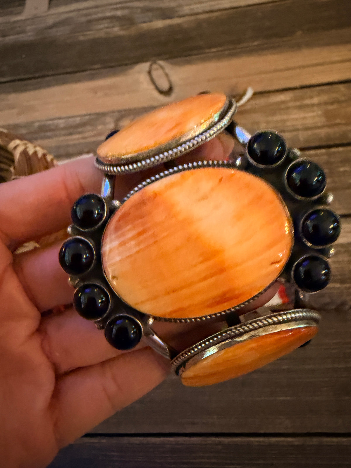 Handcrafted Orange Spiny, Onyx & Sterling Silver Cuff Bracelet by Lorenzo Arviso Jr.