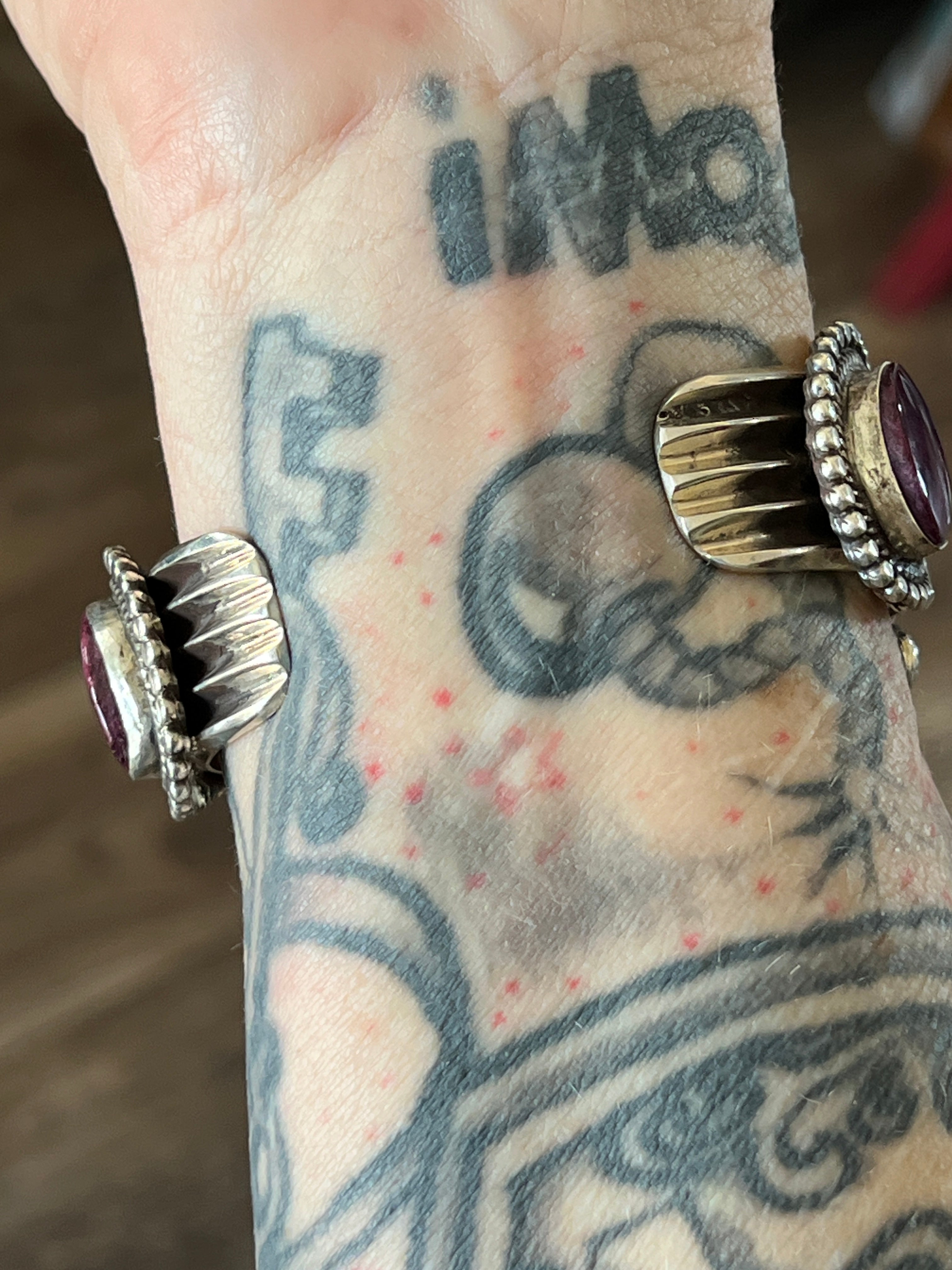 Handcrafted Sterling Silver and Purple Spiny Oyster Shell Cuff Bracelet by Tyler Brown /