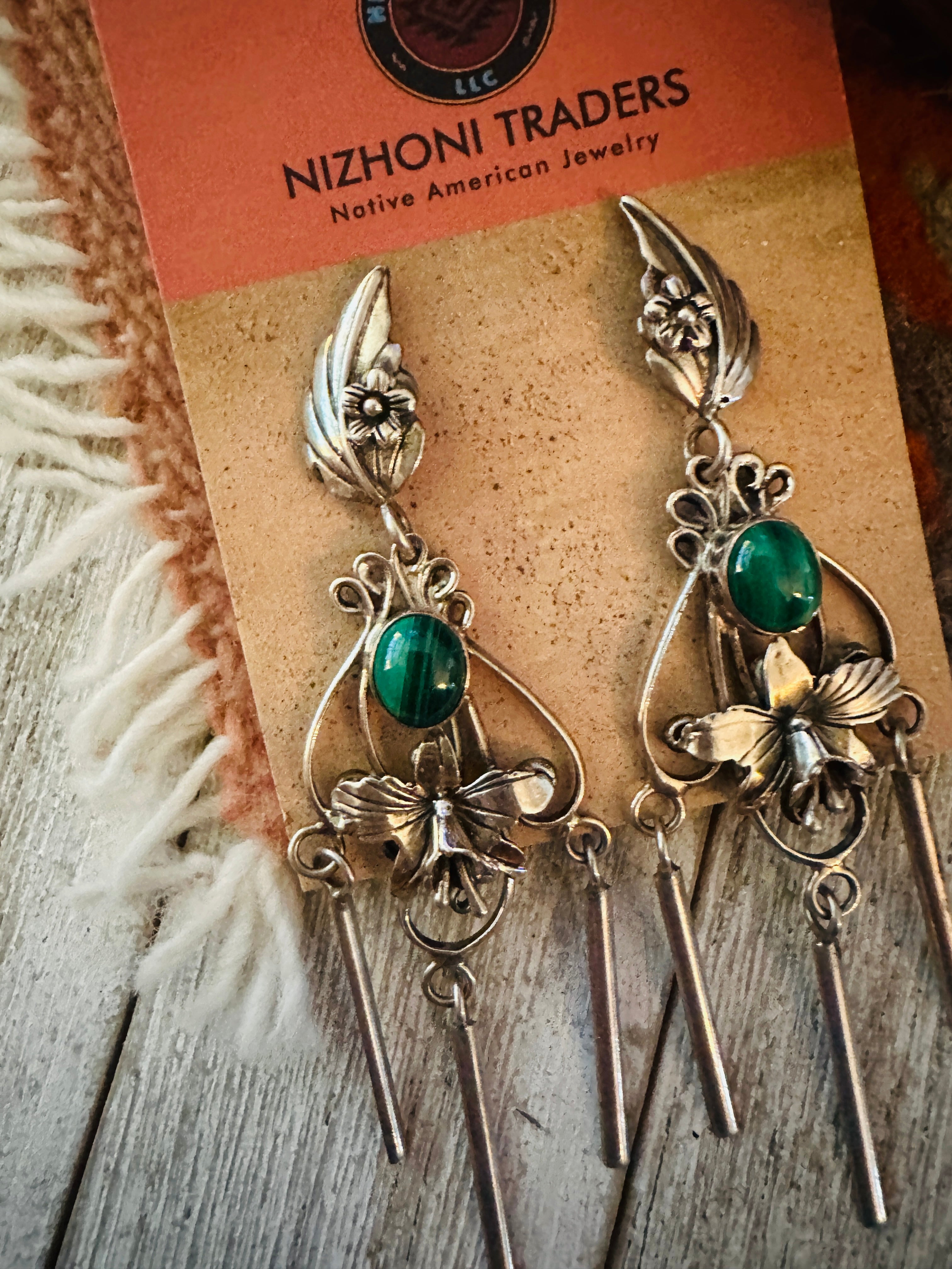 Handcrafted Malachite & Sterling Silver Flower Dangle Earrings