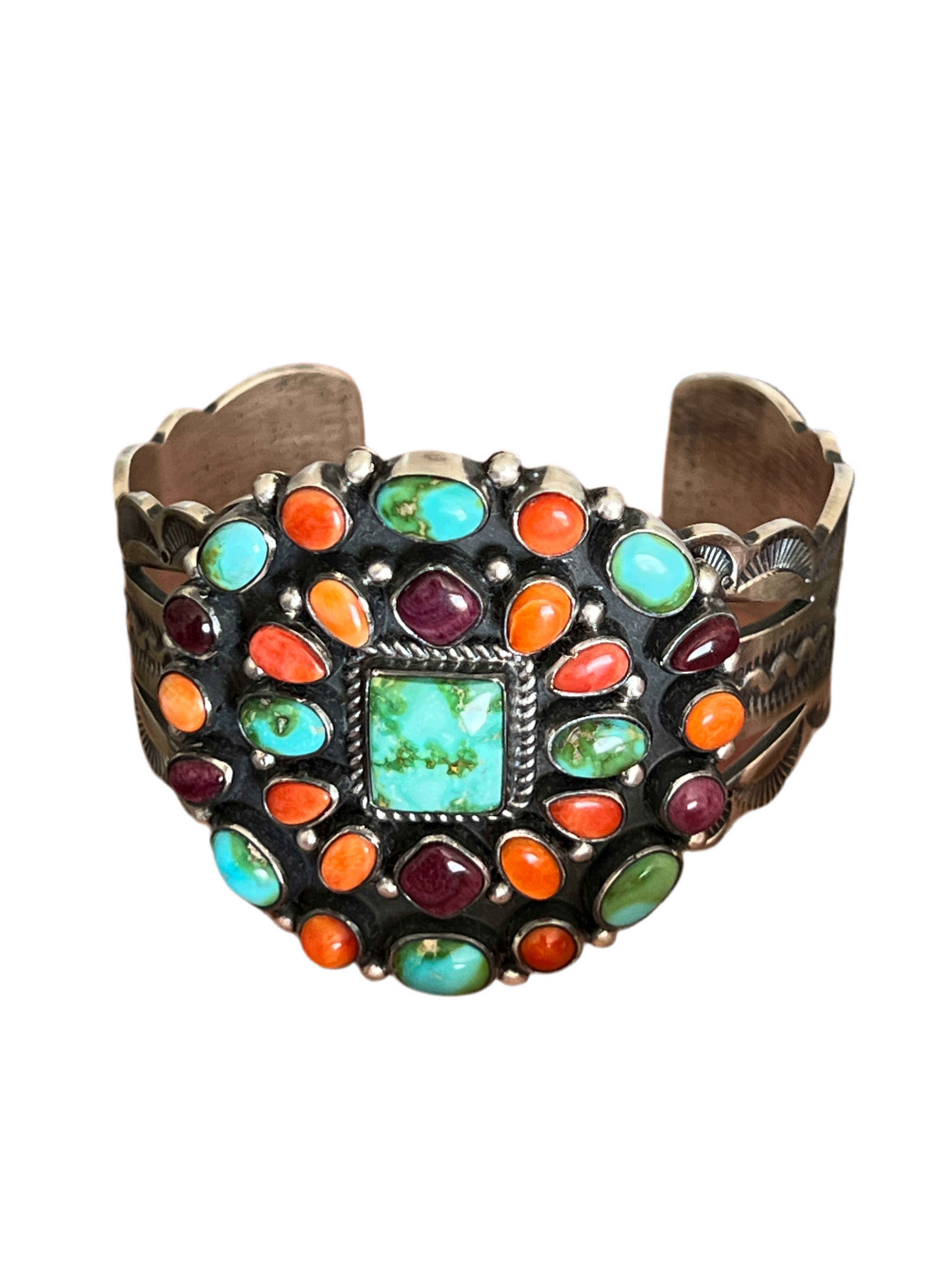 Handcrafted Sterling Silver Electric Rainbow Sonoran Turquoise and Spiny Oyster Cluster Cuff Bracelet by Murphy Platero