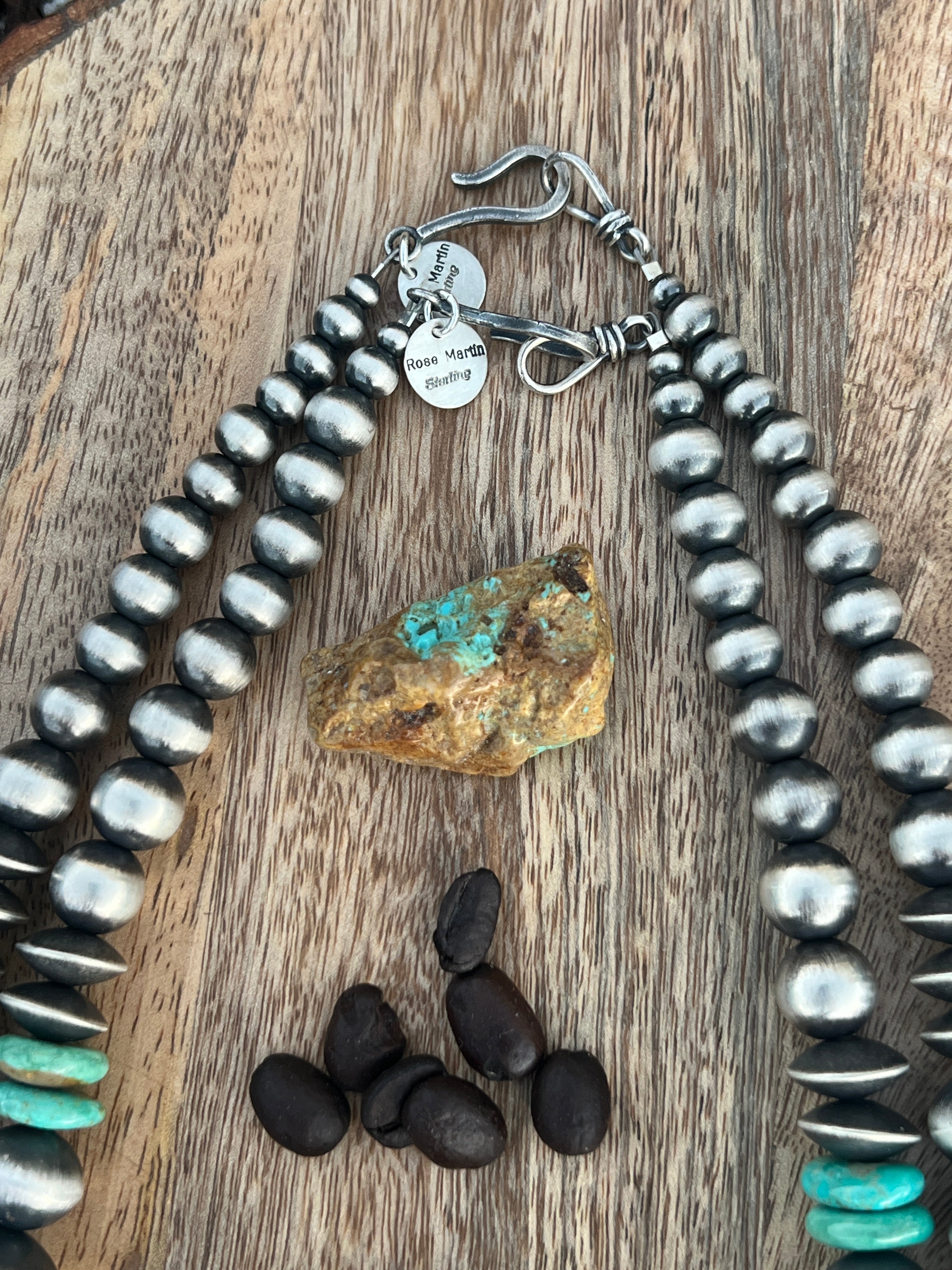 Handcrafted Chunky Sterling Silver and Kingman Turquoise Beaded Necklace by Rose Martin, 19 and 22 inches