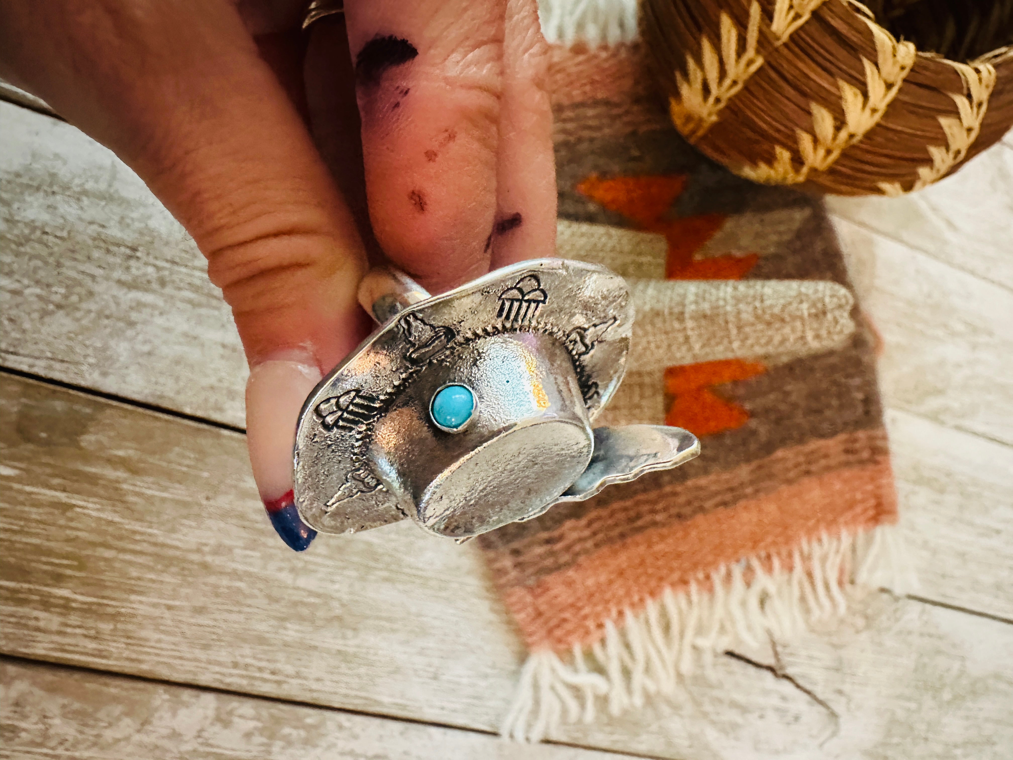 Handcrafted Turquoise and Sterling Silver Cowboy Hat Adjustable Ring