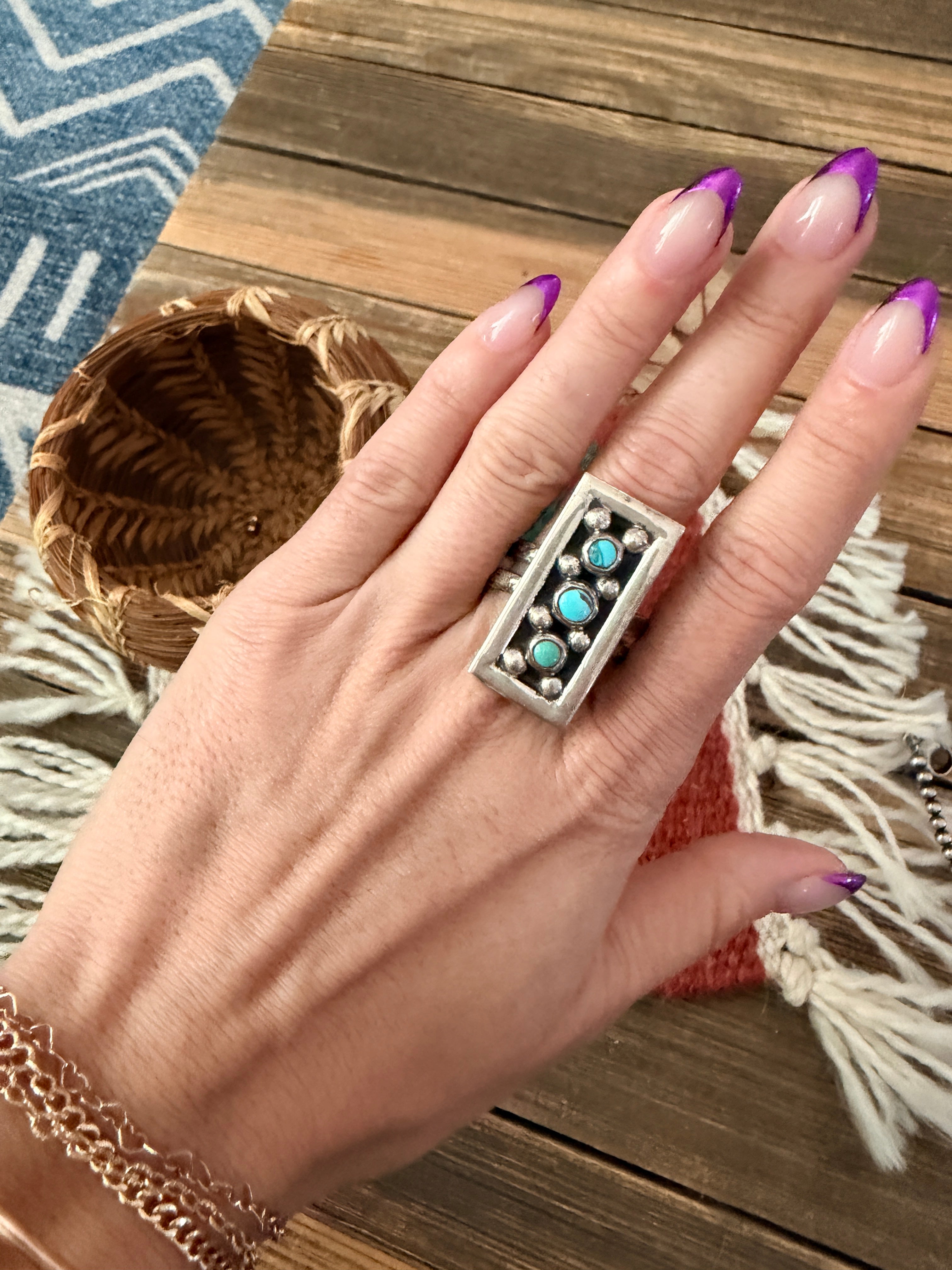 Old Pawn Handcrafted Turquoise & Sterling Silver Adjustable Ring
