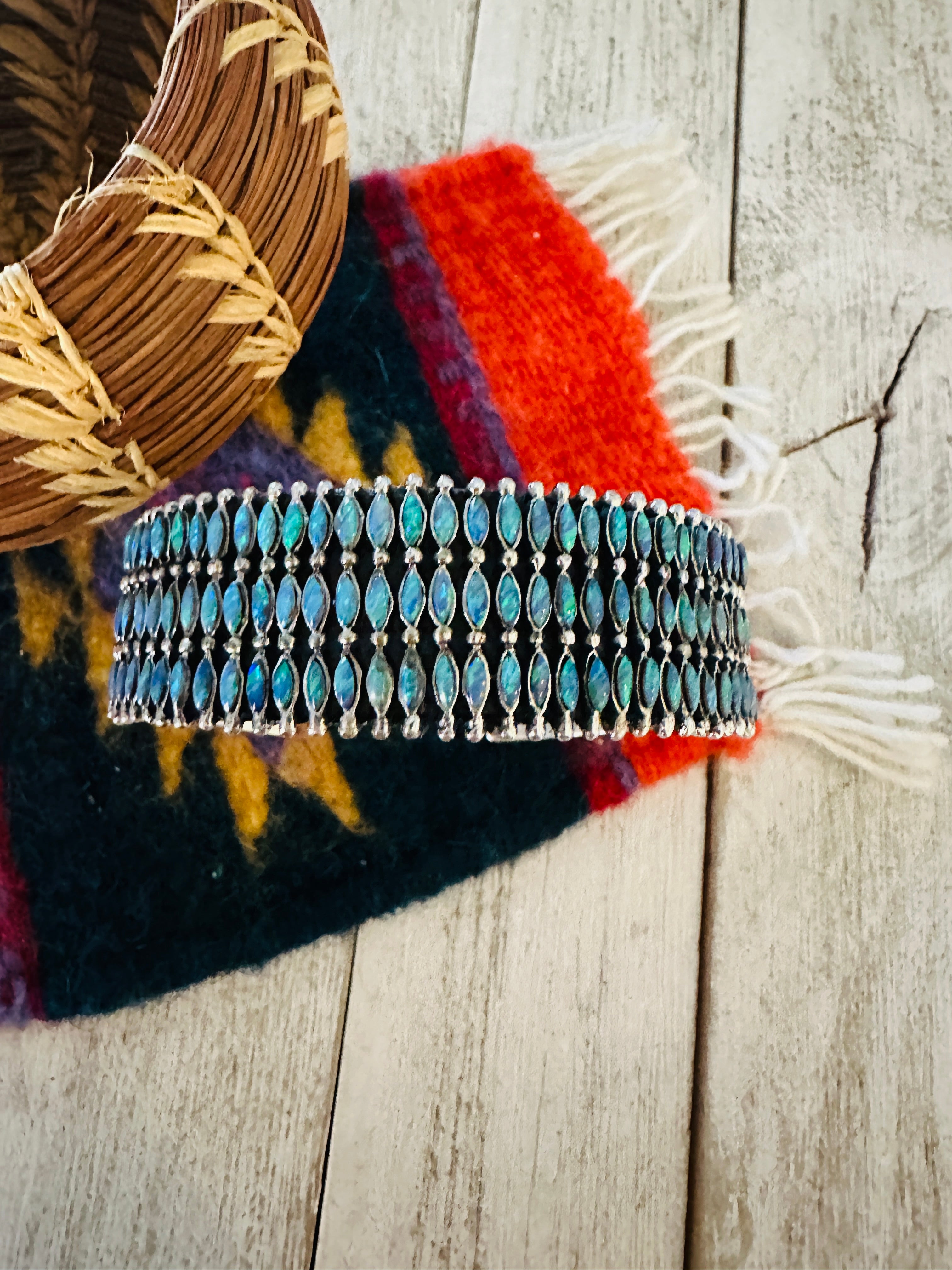 Nizhoni Handmade Sterling Silver & Blue Opal Cuff Bracelet /