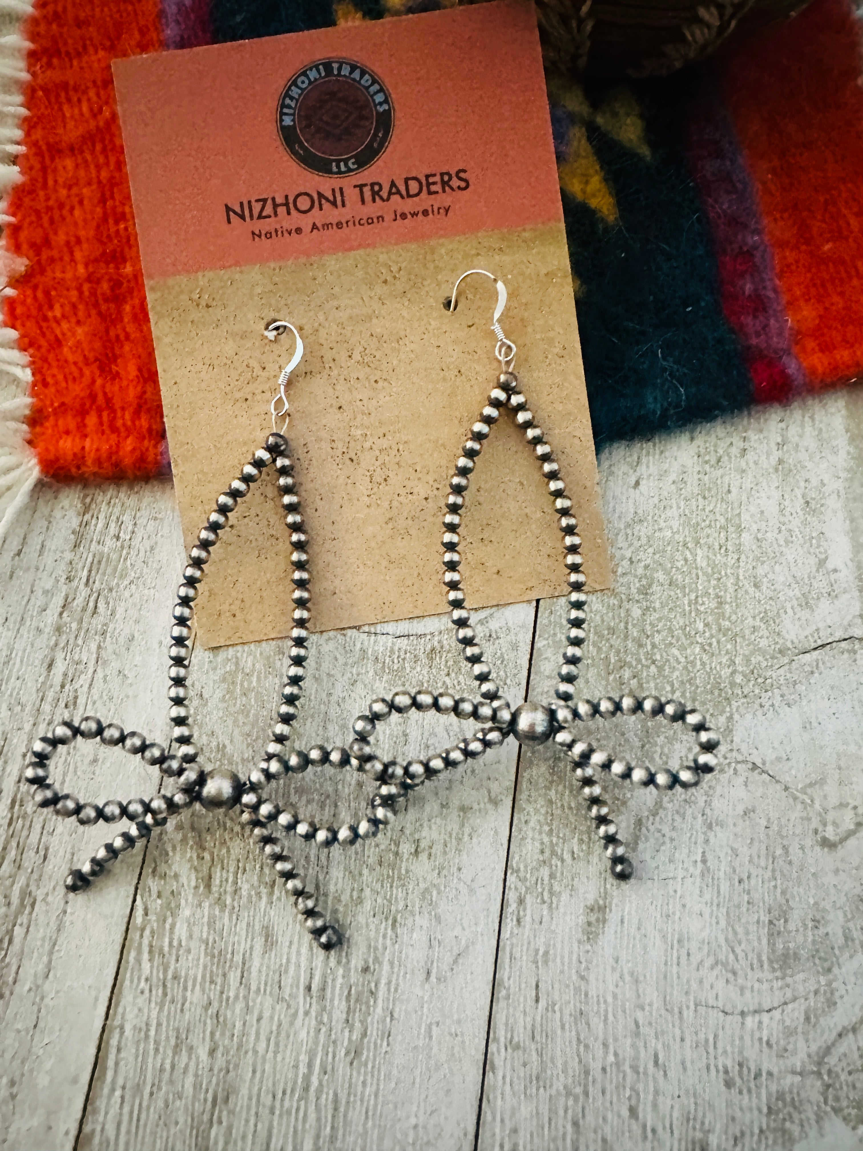 Handcrafted Sterling Silver Pearl Beaded Bow Dangle Hoop Earrings