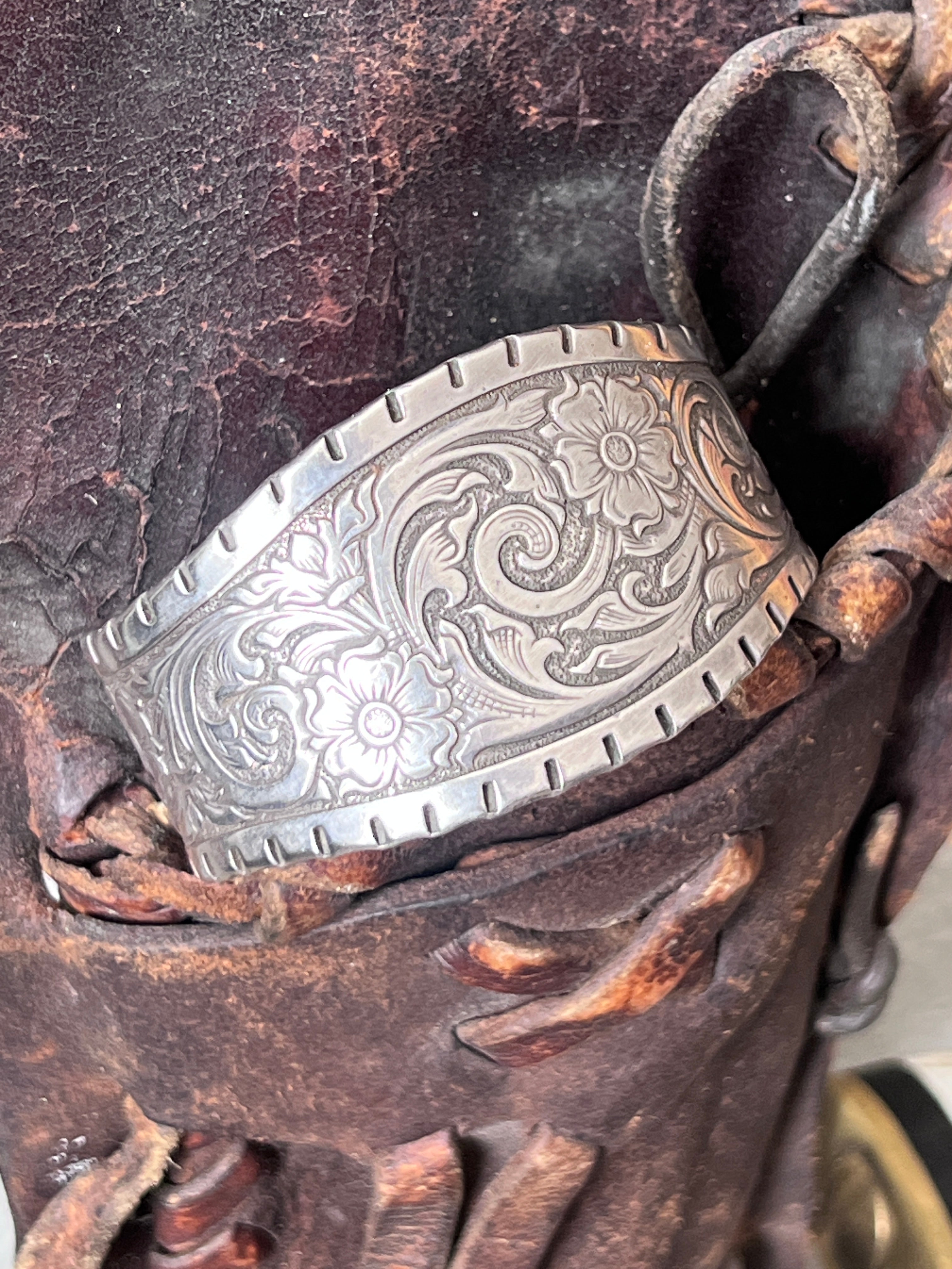 Old Pawn Tooled “Don’t Fence Me In” Sterling Silver Cuff Bracelet by Kit Carson