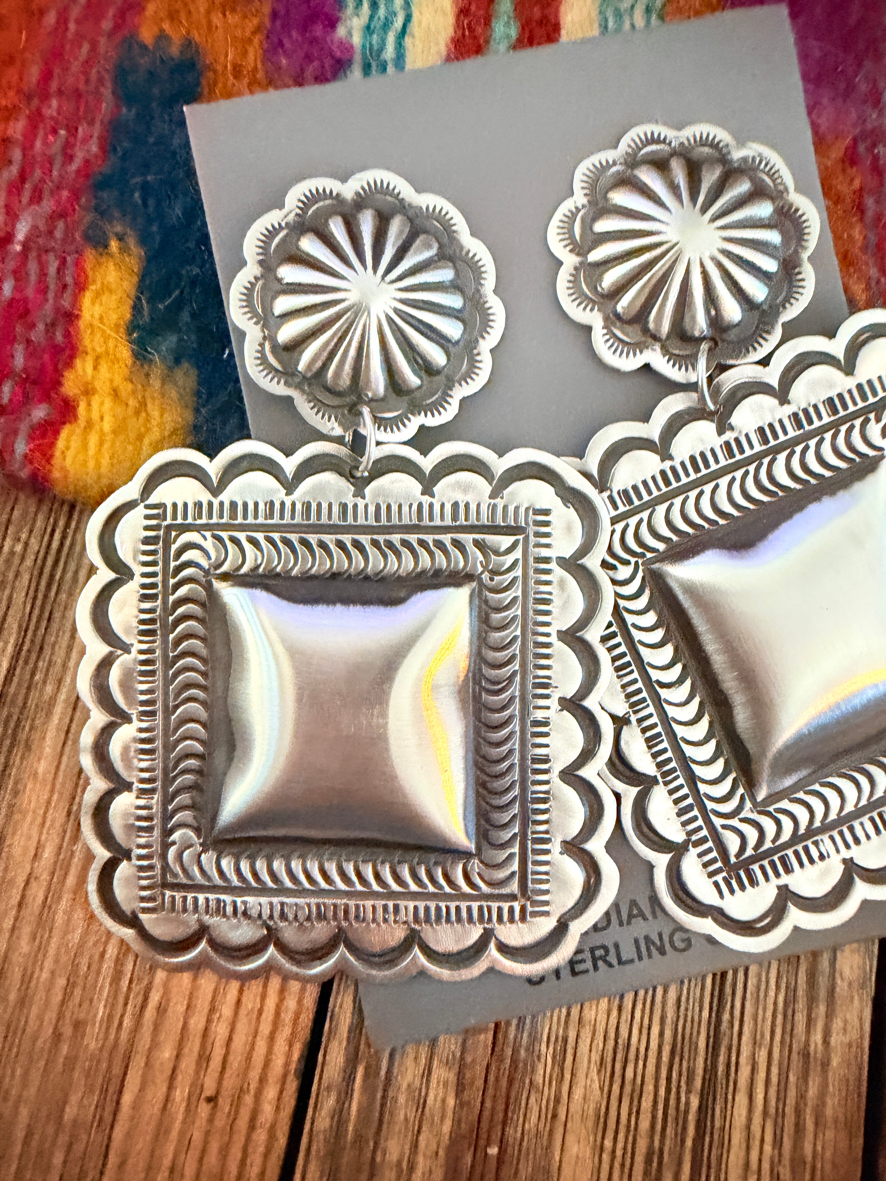 Handcrafted Sterling Silver Concho Dangle Earrings by Leander Tahe