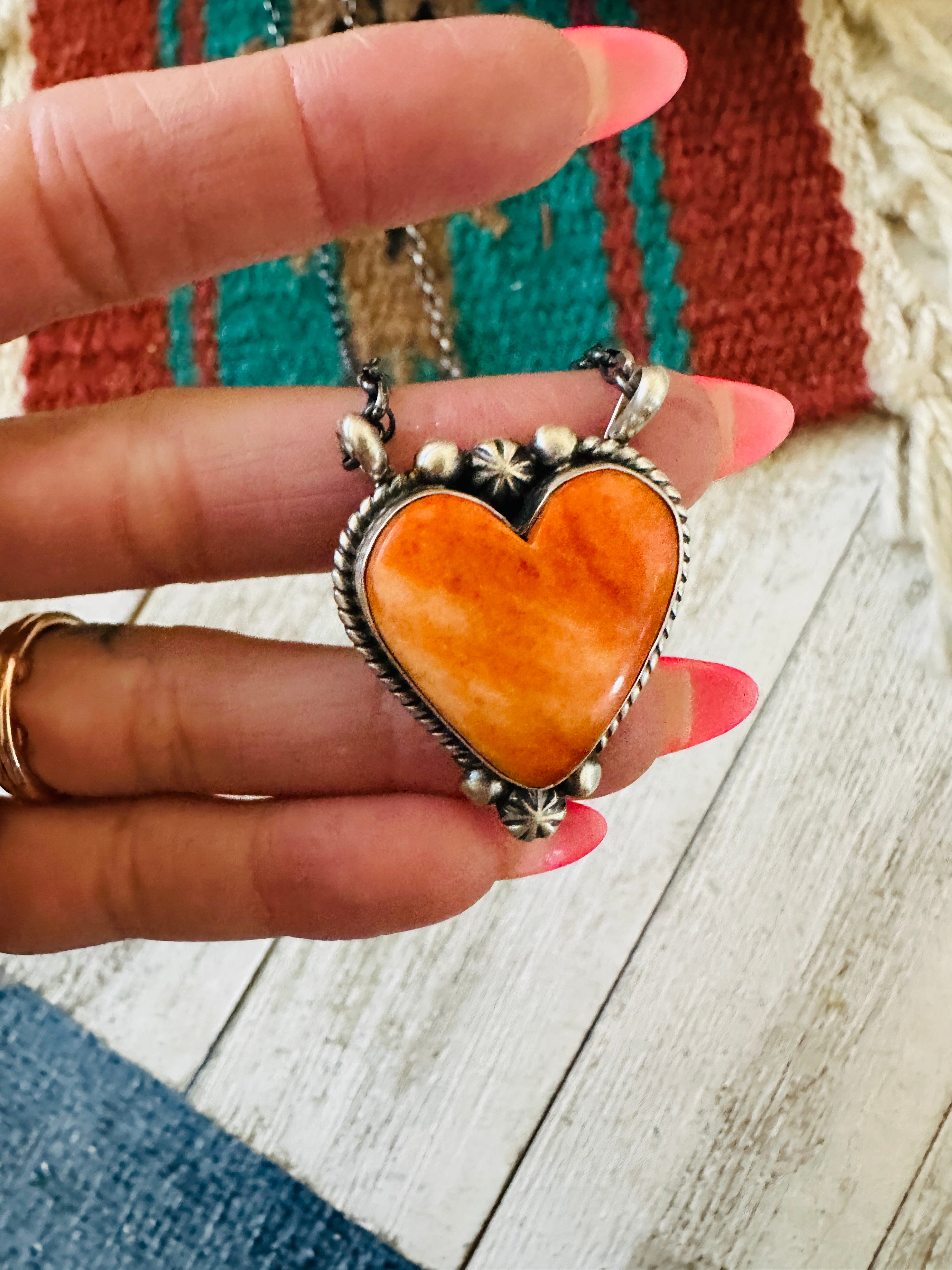 Handcrafted Sterling Silver & Orange Spiny Heart Necklace