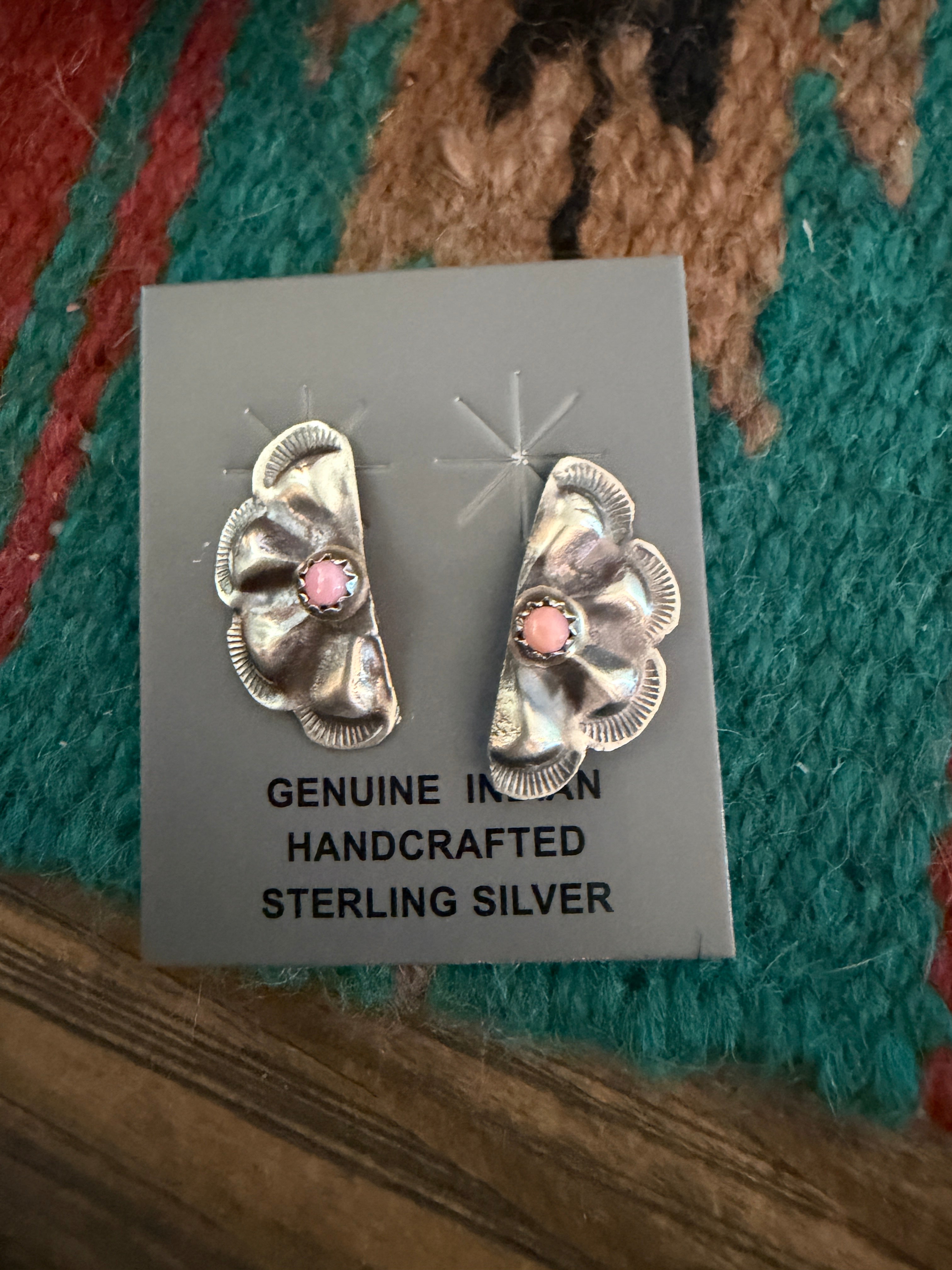 Handcrafted Queen Pink Conch & Sterling Silver Concho Post Earrings