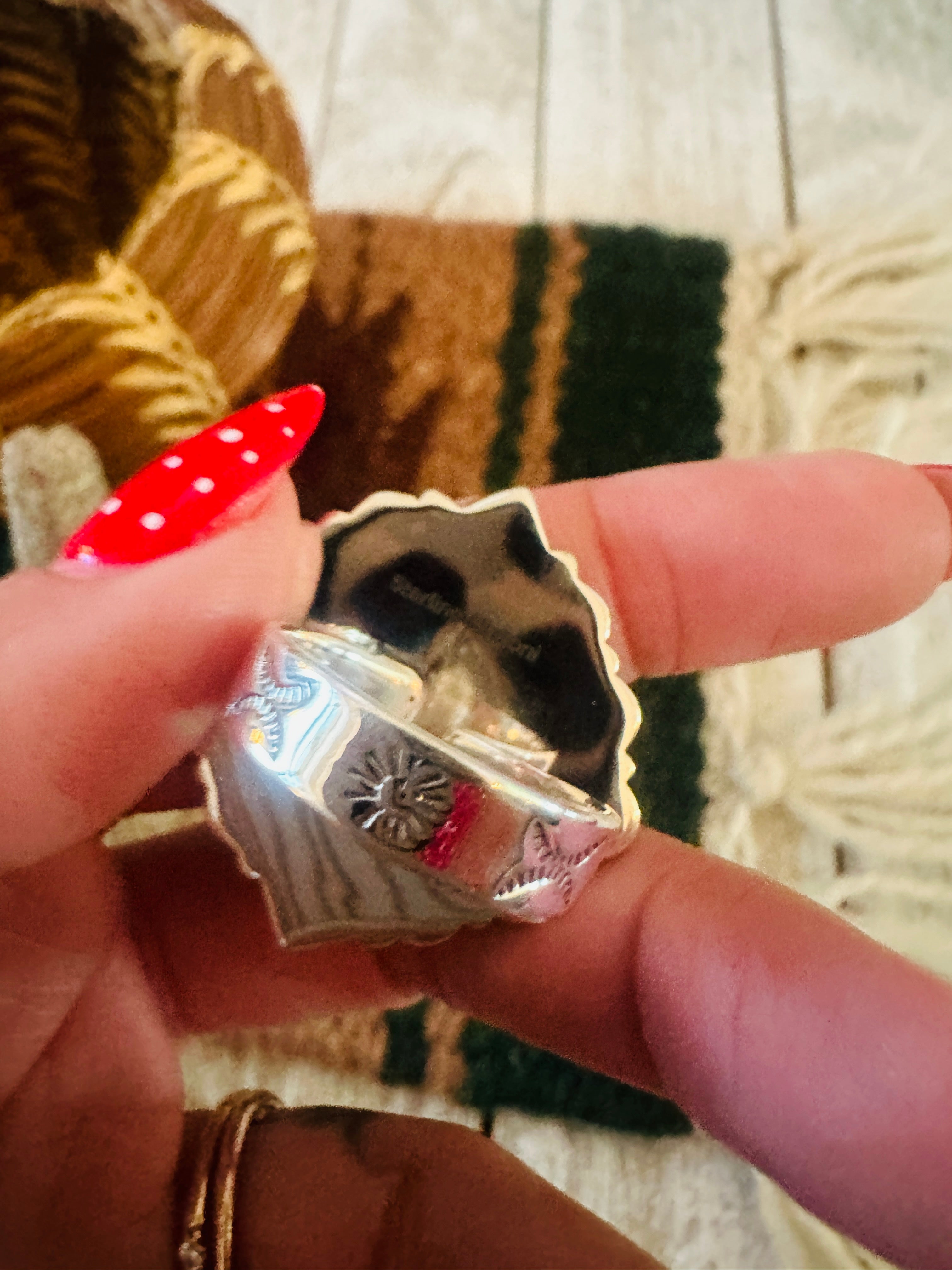 ** Christmas Collection ** Handmade Sterling Silver, Turquoise & Coral Adjustable Ring Signed Nizhoni