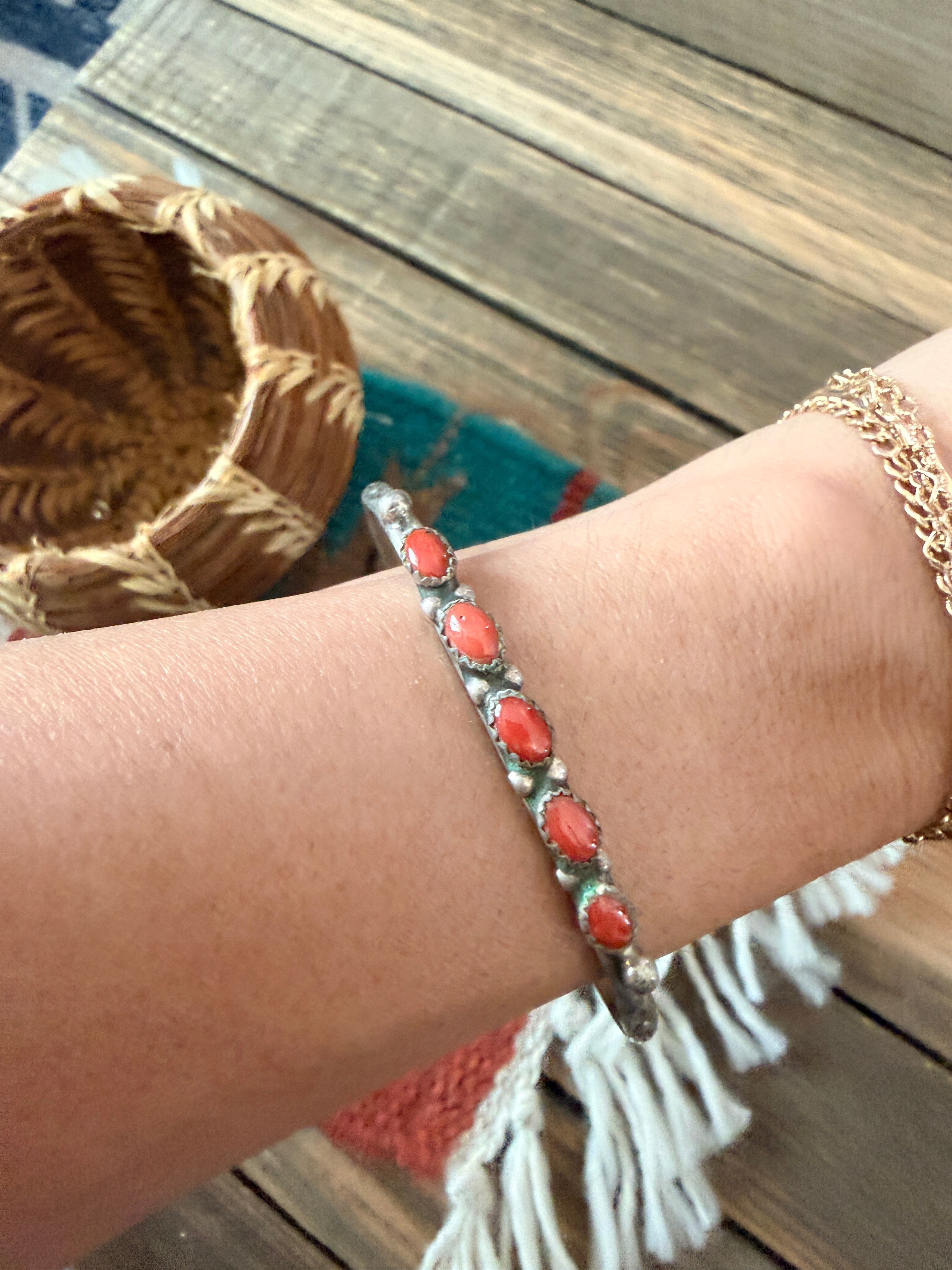 Handcrafted Old Pawn Sterling Silver & Coral Cuff Bracelet