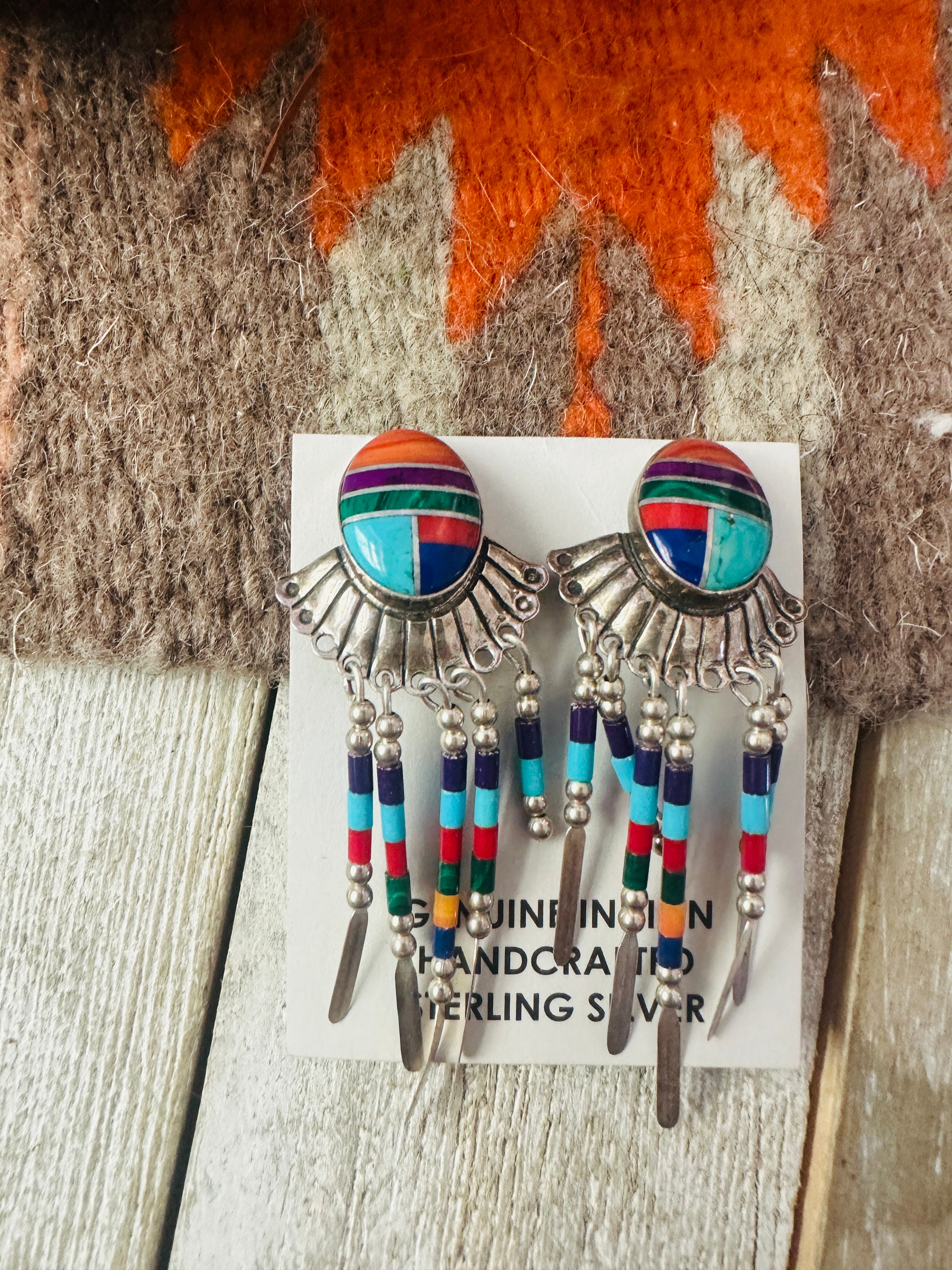 Handcrafted Sterling Silver & Multi Stone Inlay Dream Catcher Clip On Dangle Earrings