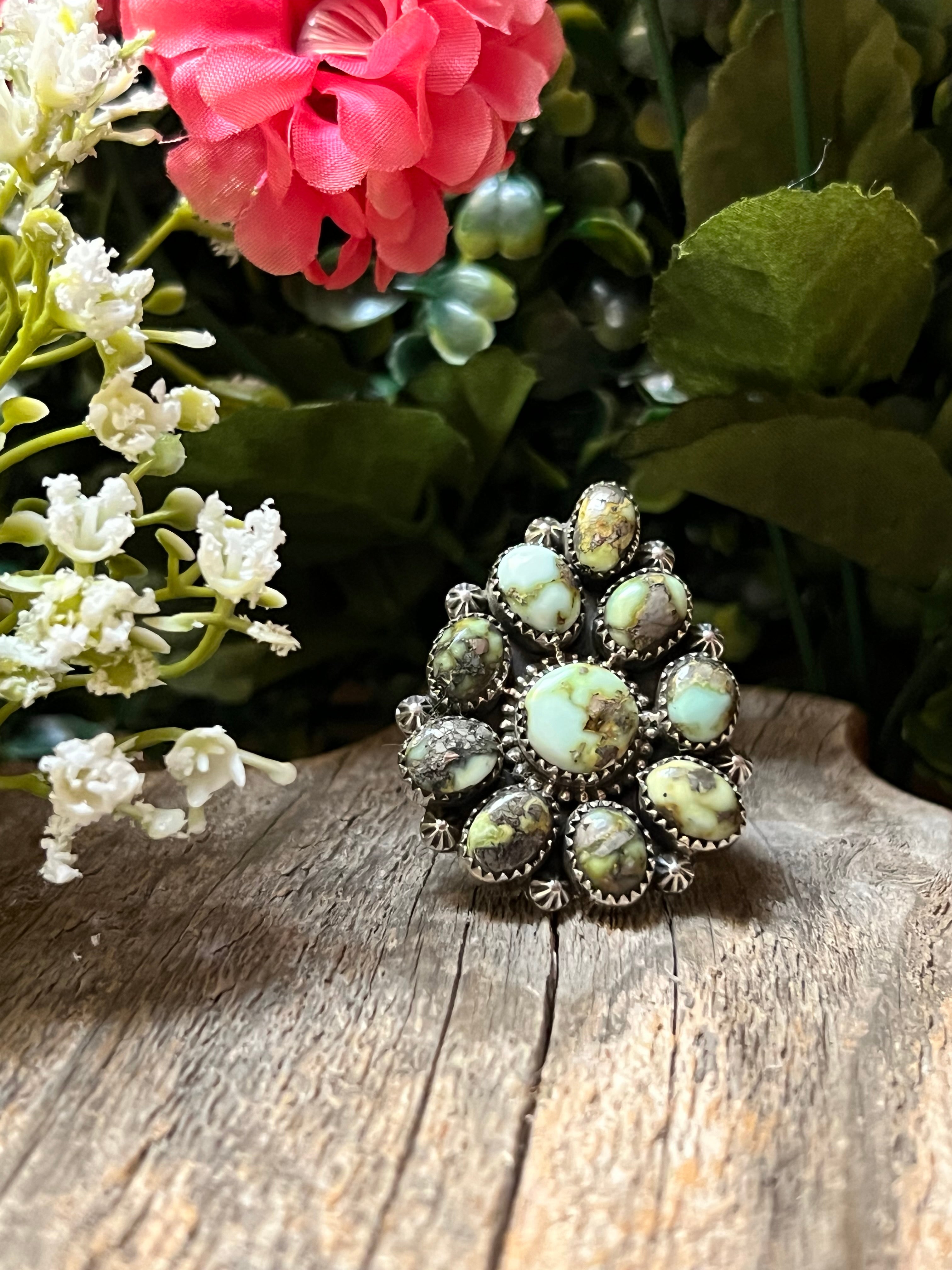 Handmade Palomino Turquoise Cluster Sterling Silver Adjustable Ring