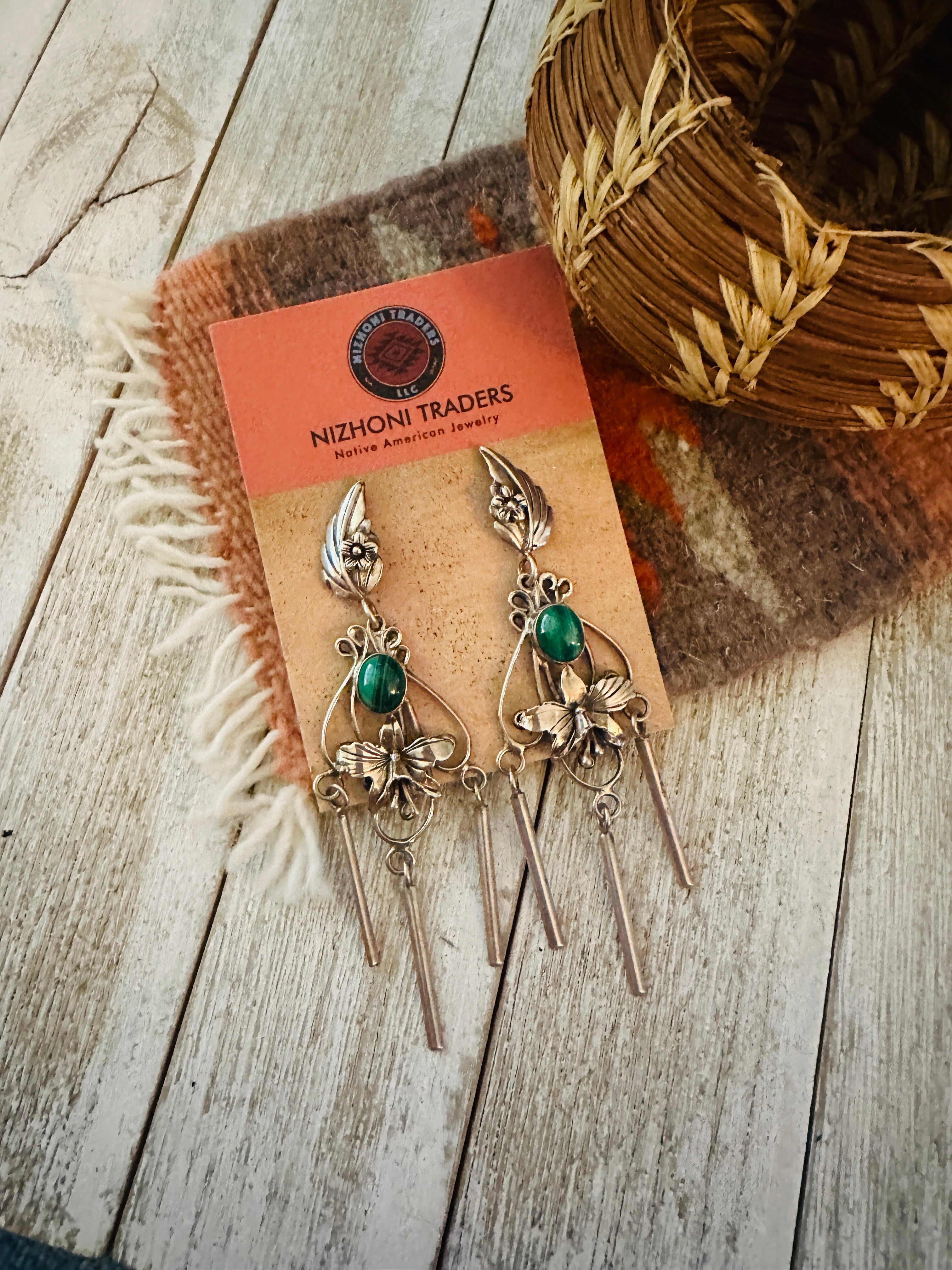 Handcrafted Malachite & Sterling Silver Flower Dangle Earrings