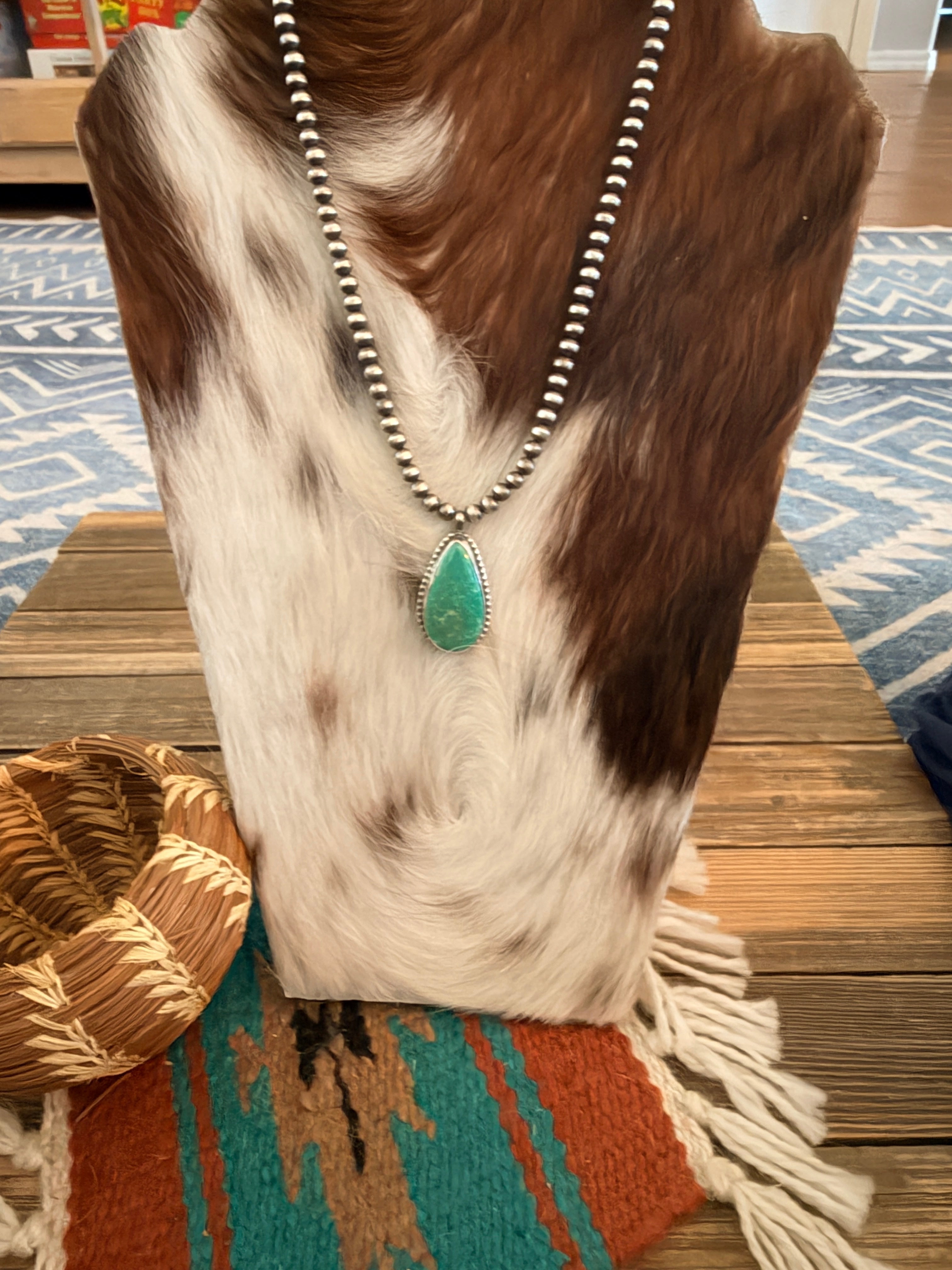 Handcrafted Turquoise & 5mm Sterling Silver Pearl 18” Beaded Necklace