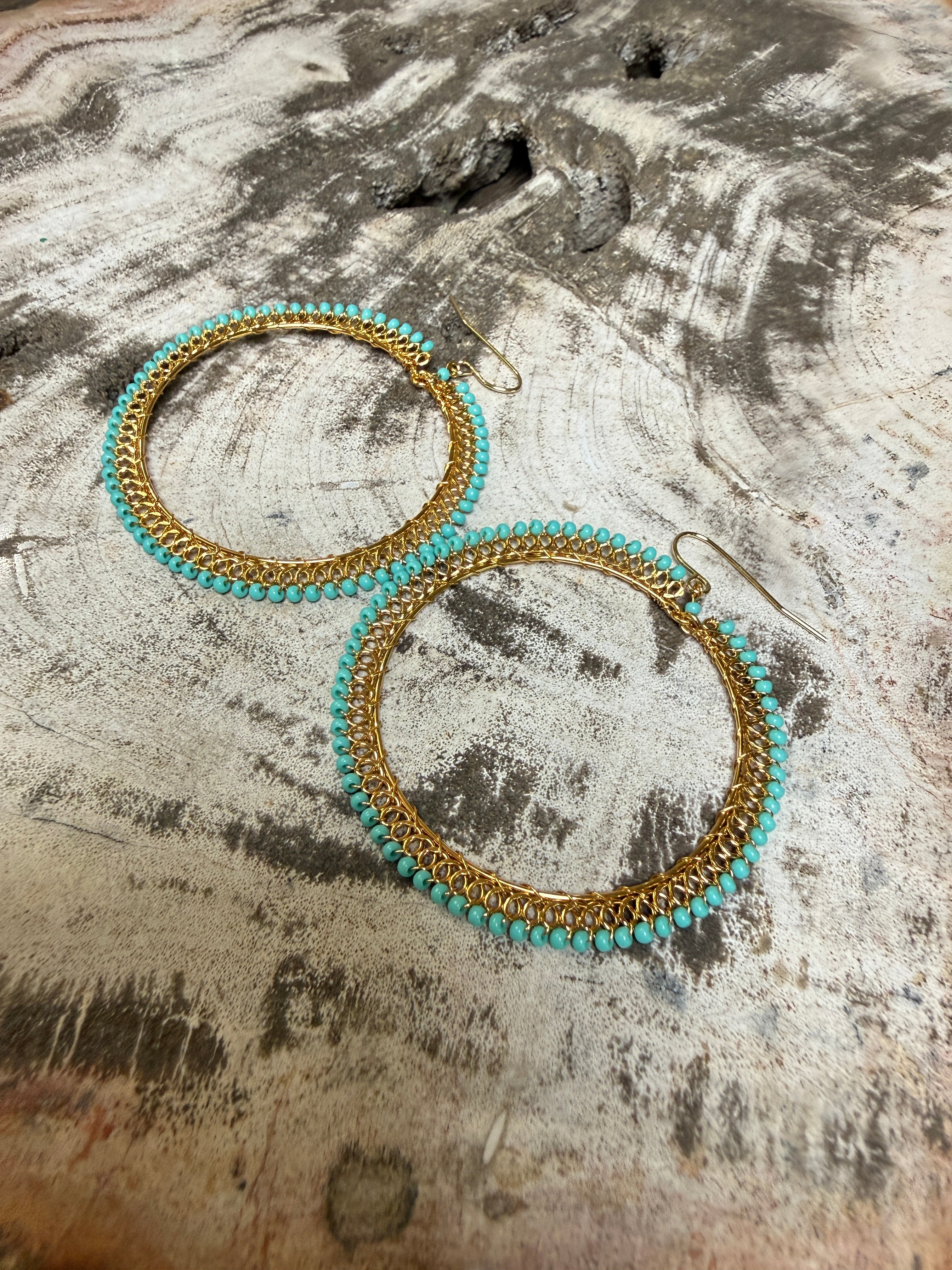 “The Golden Collection” Spring Fever Hoop Handmade Turquoise Beaded & 14k Gold Plated Hoop Earrings
