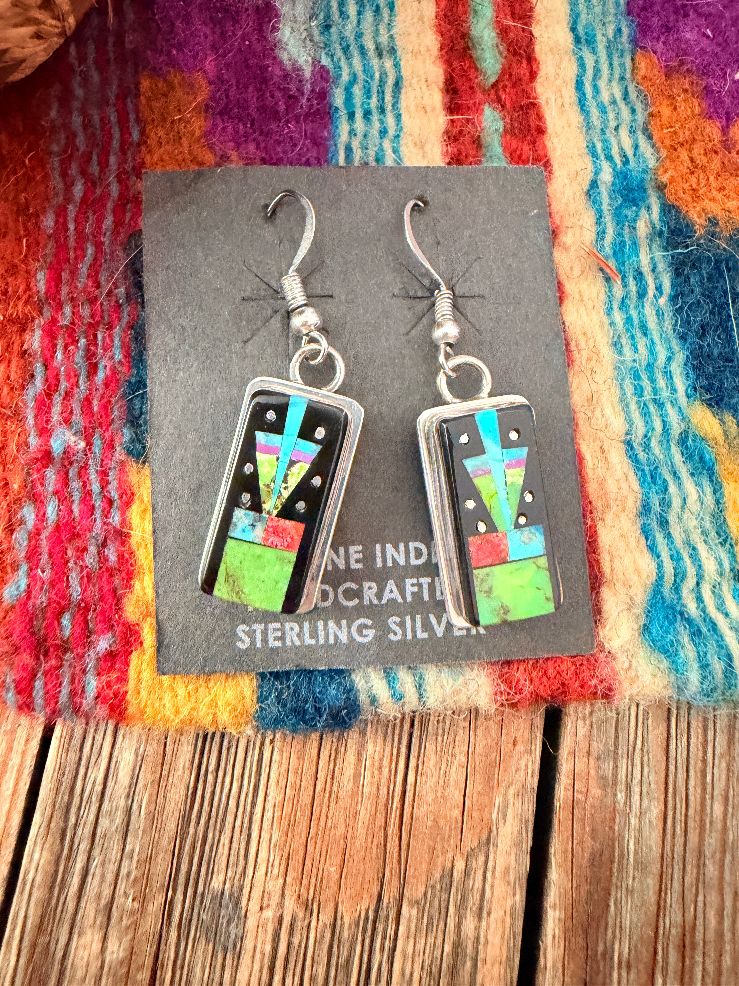 Handcrafted Multi Stone & Sterling Silver Inlay Dangle Earrings by Sylvana Apache