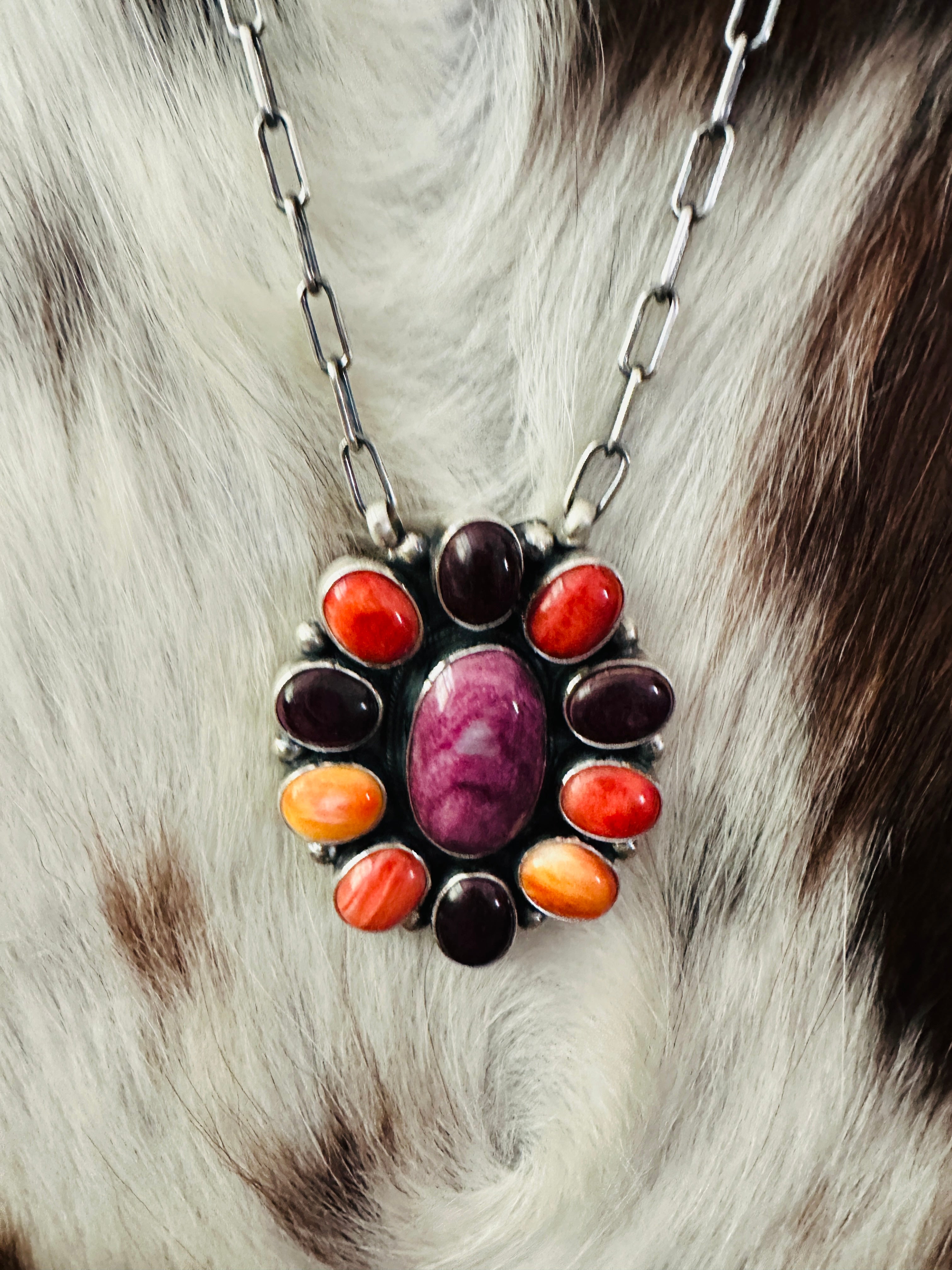 Handcrafted Multicolor Spiny Oyster & Sterling Silver Cluster Necklace by Sheila Becenti