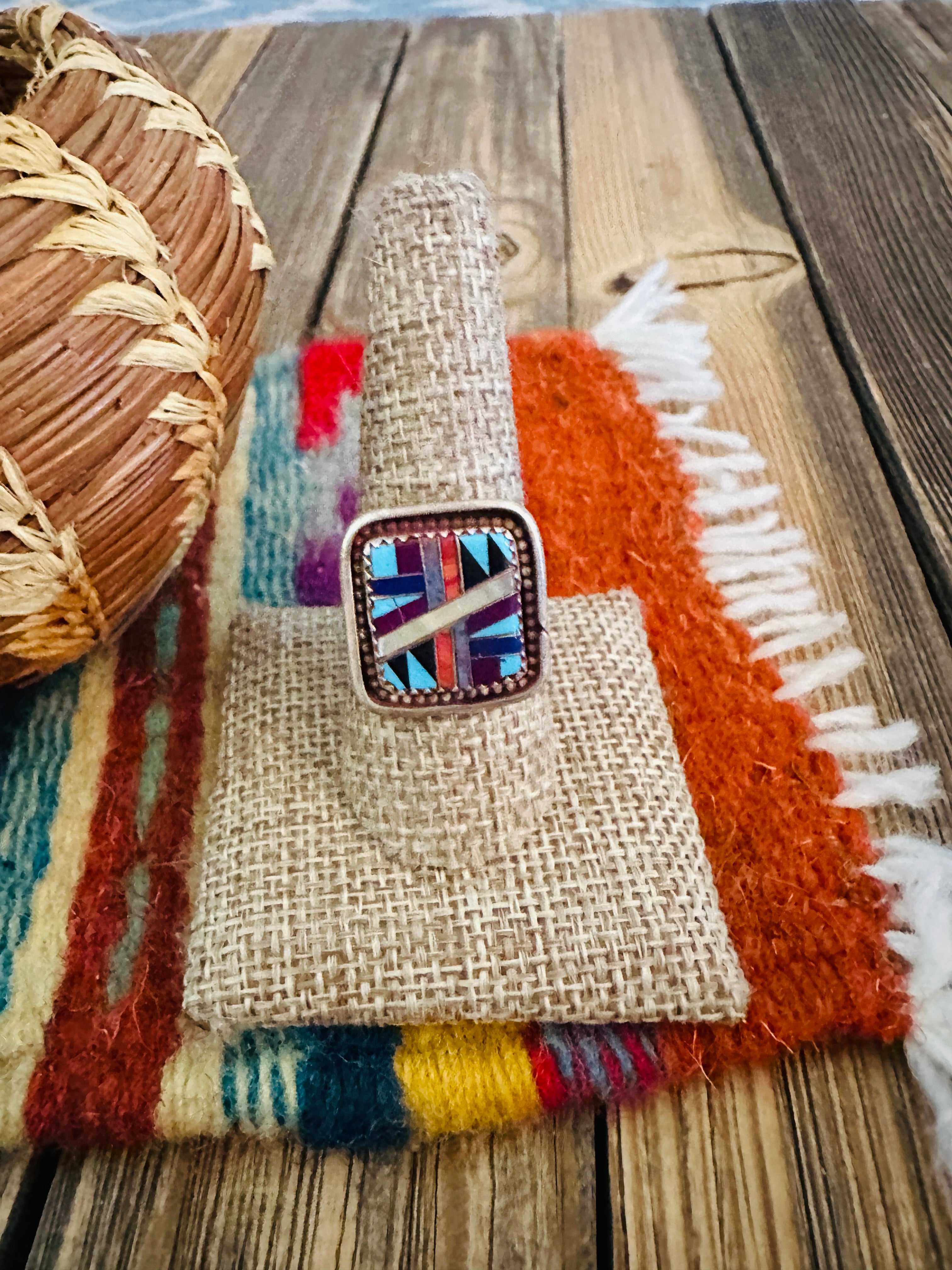 Old Pawn Handcrafted Multi Stone & Sterling Silver Inlay Ring Size 9.5