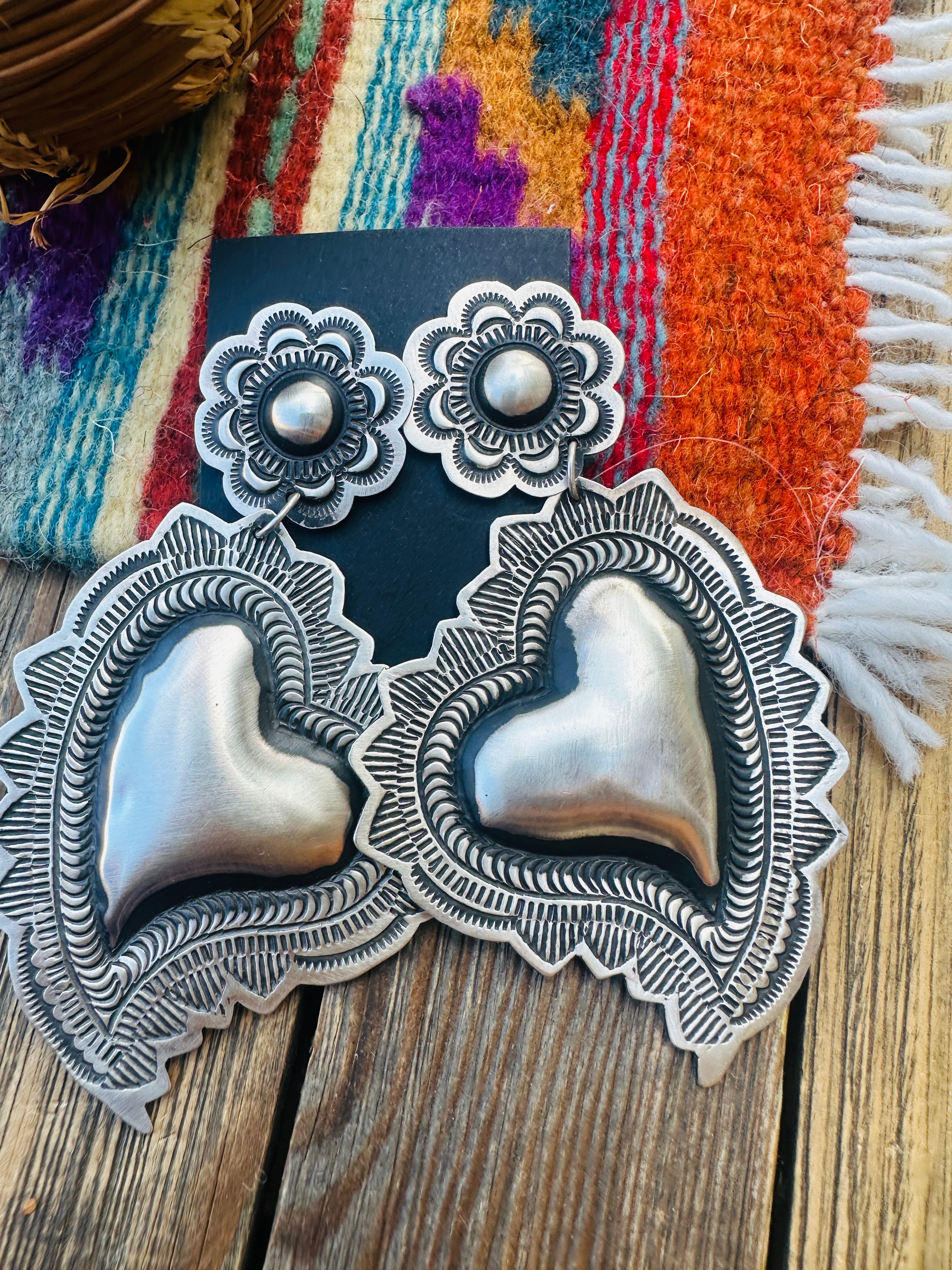 Handcrafted Sterling Silver Concho Heart Dangle Earrings by Leander Tahe