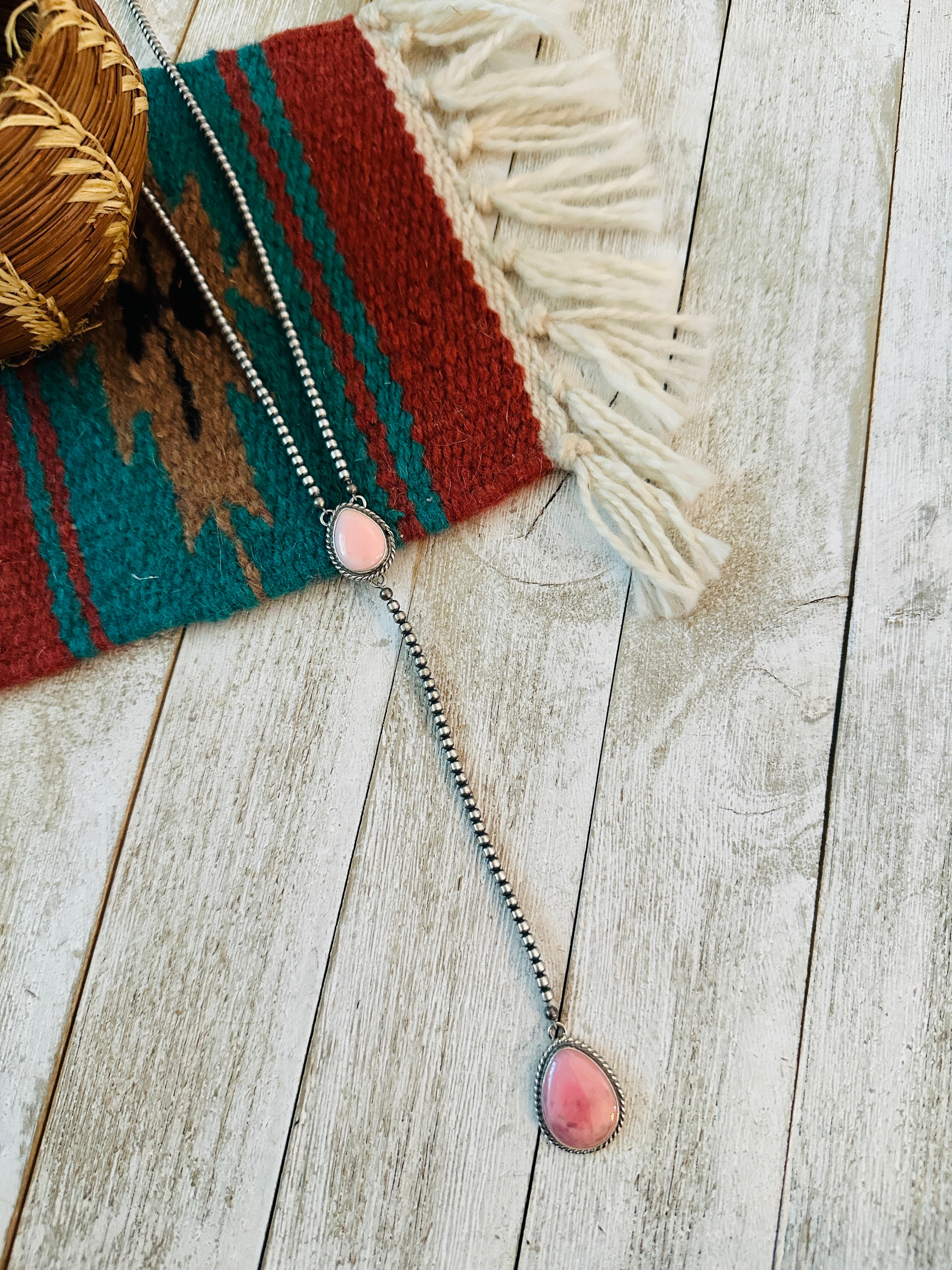 Queen Pink Conch & Sterling Silver Pearl Beaded Lariat Necklace