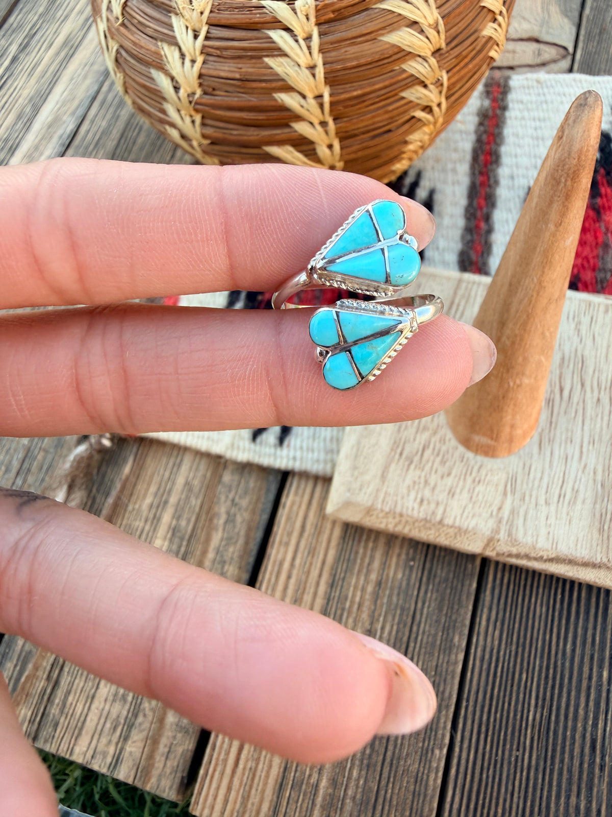 Handcrafted Turquoise & Sterling Silver Inlay Heart Adjustable Ring